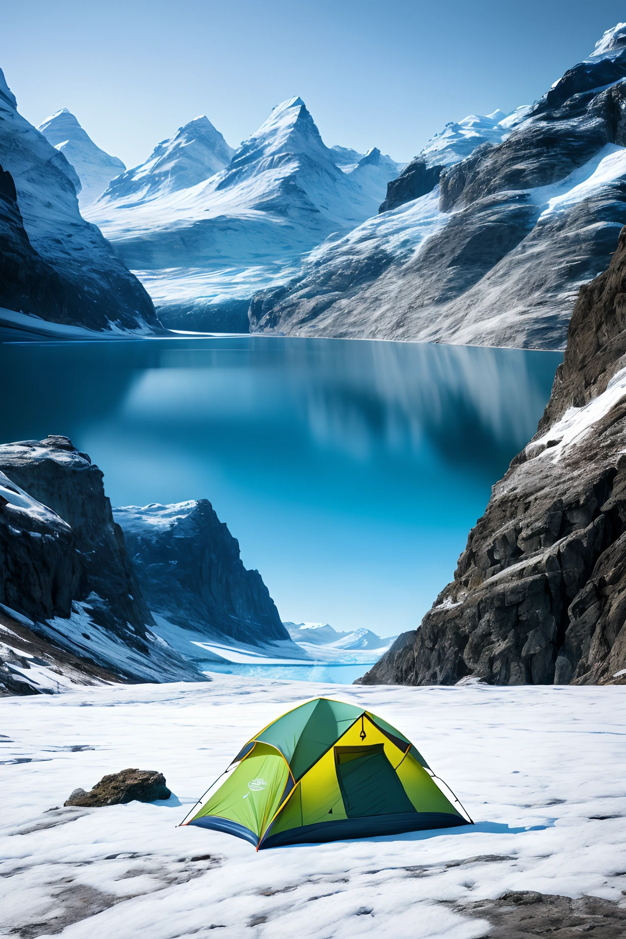 An award-winning photo of a beautiful landscape，has cleavage[Mountainous horizon]，（llight rays），waterfallr，glorious，Luxury，the detail，Clear focus，low angles，high detal，volumetr，illustratio，cold light，author：jordan grimmer 和 greg rutkowski， Trends on Artstation, Style-Swiss，glacier，camping，（Camping tents：1.8），