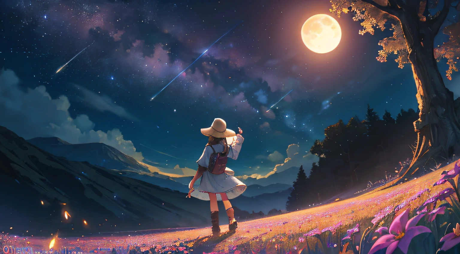 Vast landscape photo, (viewed from below, the sky is above and the open field is below), a girl standing on a flower field looking up, (full moon: 1.2), (meteor: 0.9), (nebula: 1.3), distant mountains , Trees BREAK Crafting Art, (Warm Light: 1.2), (Fireflies: 1.2), Lights, Lots of Purple and Orange, Intricate Details, Volumetric Lighting, Realism BREAK (Masterpiece: 1.2), (Best Quality), 4k, Ultra-Detailed, (Dynamic Composition: 1.4), Very Detailed, Colorful Details, (Rainbow Colors: 1.2), (Glow Lighting, Atmospheric Lighting), Dreamy, Magical, (Solo: 1.2)