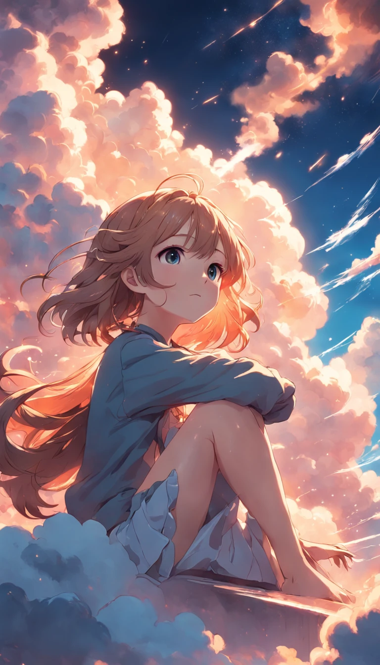 masterpiece, best quality, movie still, 1girl, cloud girl, floating in the sky, close-up, bright, happy, warm soft lighting, sunset, (sparks:0.7)