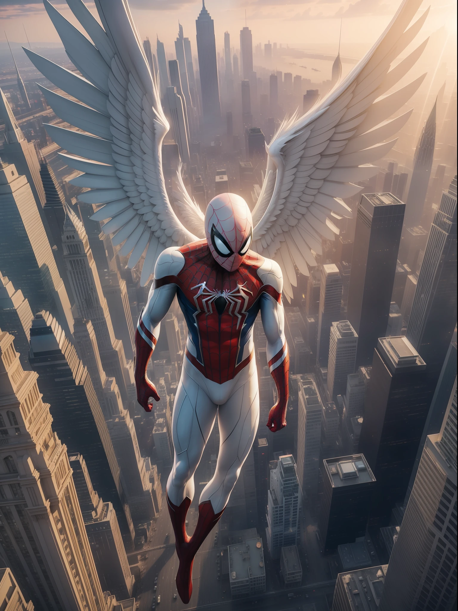 Subject: A photorealistic depiction of Spiderman transformed into an angelic being, with shimmering wings and celestial radiance, hovering over a cityscape at sunset.
Type of Image: Digital painting
Art Styles: Realistic, Ethereal
Art Inspirations: Angelic imagery, superhero aesthetics
Camera: Elevated view capturing Spiderman's angelic form and the urban landscape
Shot: Serene scene with Spiderman in angelic form hovering above the city
Render: Soft and warm lighting to enhance the ethereal ambiance and details of angelic features