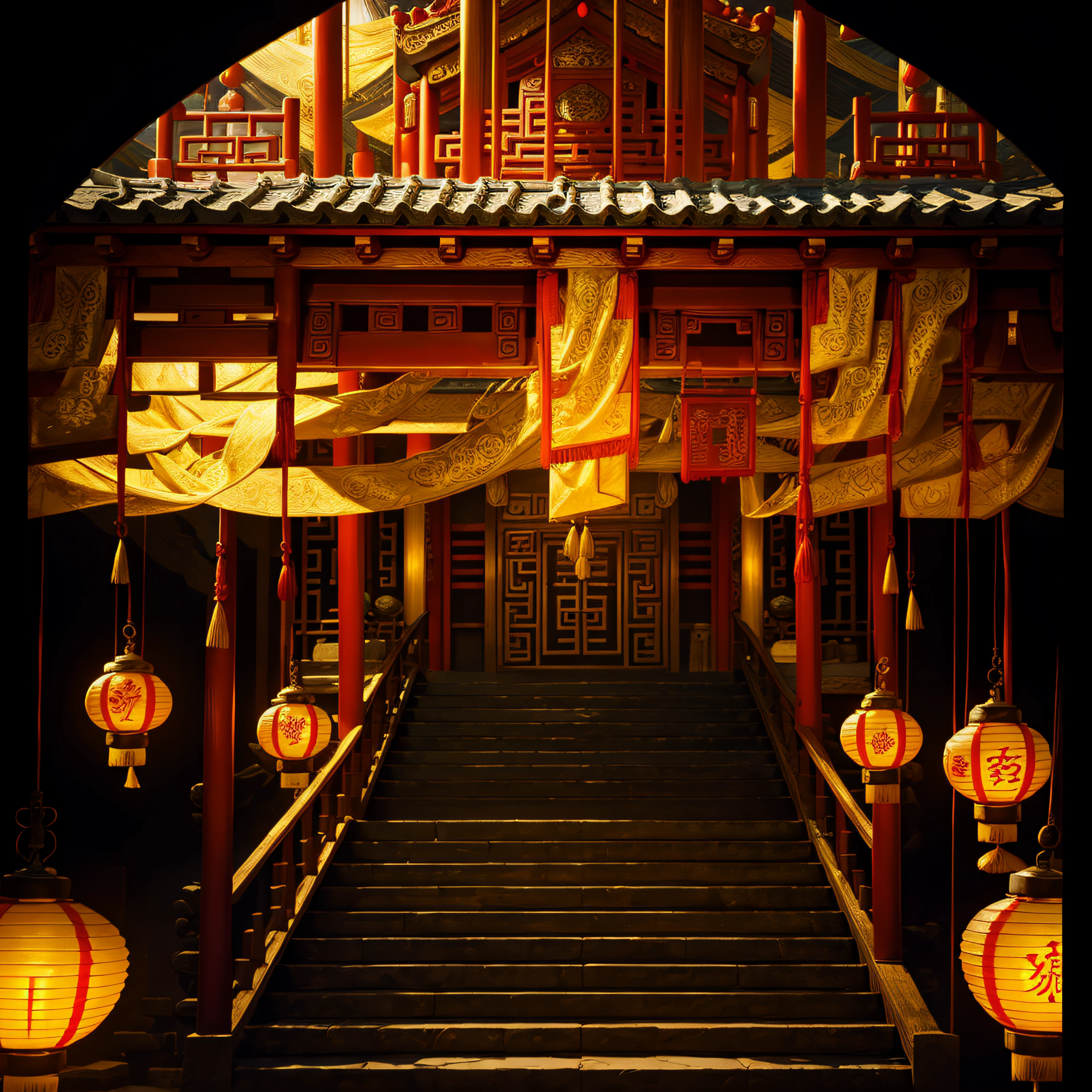 Golden silk is wrapped around the beams,red colour,Lanterns,totem,Chinese architectural motifs,tmasterpiece,Best quality,ultra - detailed。