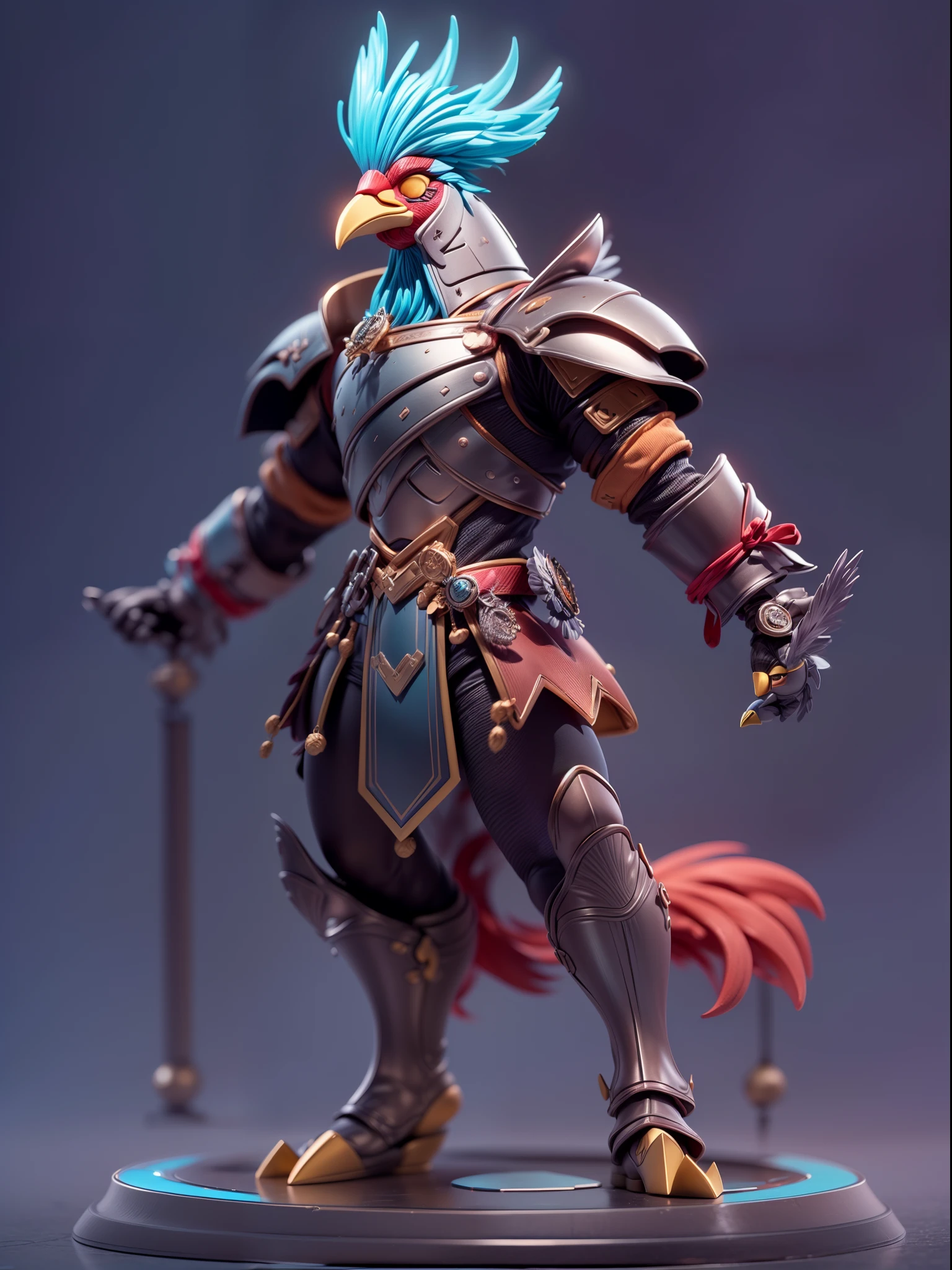 (Blind box toy style:1.3),((Full body shot))(anthropomorphism) , (1 strong rooster metal warrior)(((solo))) metal armor,dreamy glow, Clean dark background,Red cyan style，(circular base）( Global illumination, Ray tracing, hdr, unreal render,reasonable design, high detail, Masterpiece, Best quality, hyper HD, Cinematic lighting)