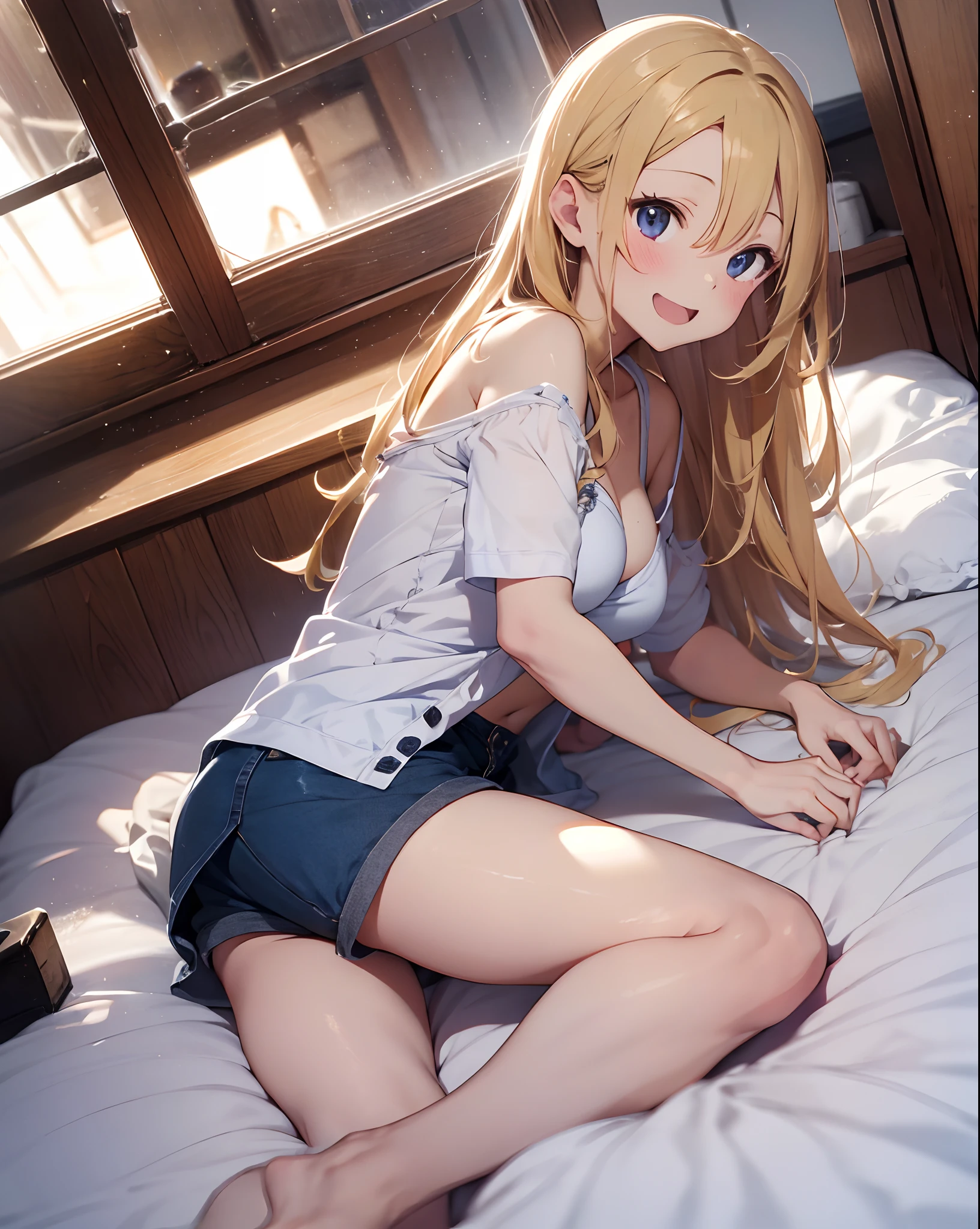 ((masutepiece)), ((Best Quality)), (Very detailed), Real from Thailand,8K,pixiv top quality,Potato,((Low side tail))a blond、(Bring out your forehead:1.2)、Very long hair、Amae face、Relax Smile,Open mouth, Cute,
Bedroom at night、White Backless Camisole、Blue shorts、 Teenage, medium boobs,
on the beds、morning
