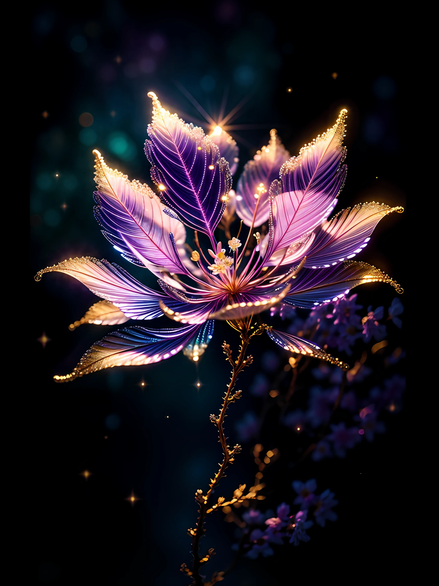 branch of delicate lilac flowers, super transparent, holy light, beautiful spectral light, petals glow, flashing, dark background, drops of transparent light, reflective light, bright, light streaming in, optics, portrait profile, sharp focus, magical, intricate, ultra realistic, fantasy, composition, light, trend on artstation, pearl, patronus cloud of silvery vapor, corrosive enveloping ray family, 8k, ureal ar 23v4 uplight