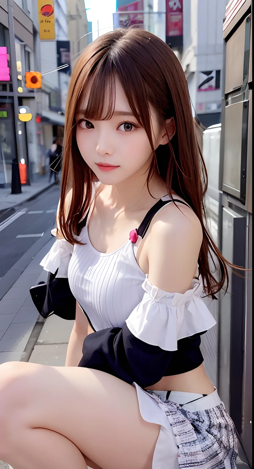 top-quality、超A high resolution、(Photorealsitic:1.4)、(ulzzang-6500:0.4)、Beautie、Korean Idols、21years old、length hair、light brown hair、Clean and wavy hairstyle、small tits、Very small breasts、Realistic eyes, slender narrow eyes、Beautiful eyes、A smile、croptop、Tank Tops、Wear a see-through shirt、a miniskirt、In the street、crouching down、slender、A slender、Slender body lines、shot from a side angle