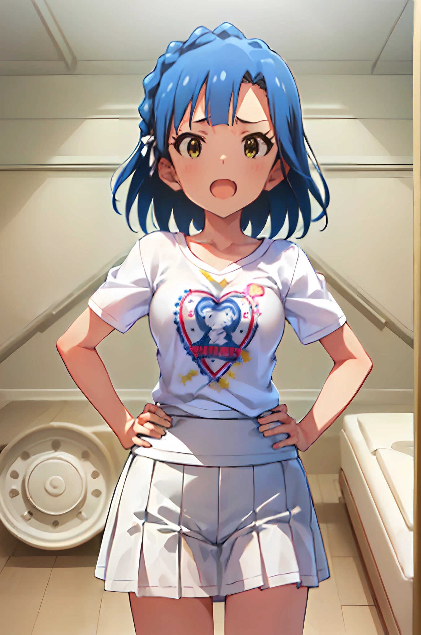 yuriko nanao (million live). Short stature. (((white t-shirts))).(((Skirt))).(((masterpiece))).(((best quality))).((Ultra-detailed))).(((illustratio))). (((put hands on the hip))).(((a room))).(((make a fist))).(((up chest))).Despair face.(((short-hair))).((big breasts)).((Opening Mouth)).Heart on chest.directly in front.