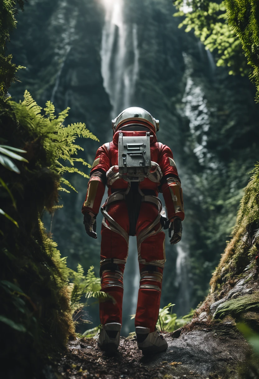 (35mmstyle:1.2), Highly detailed RAW color Photo, rear angle, full bodyesbian, af (Female space marine, Wearing a white and red spacesuit, futuristic helmet, Tin plated mask, Rebreathers, accentuated booty), Outdoors, (Stand on the cliffs of the tall Rocky Mountains, Gaze out over the magical lush green rainforest on an alien planet), vivd details, (Exotic alien planet), Toned body, big assa, (Sci-fi), (Mountains:1.1), (lush green vegetation), (two moons in sky:0.8), (Highly detailed, ultra - detailed, Intricate), (Lens flare:0.7), (full bloom:0.7), particle fx, Ray traching, Cinematic lighting, Shallow depth of field, photographed on a Sony a9 II, 35mm wide angle lens, Sharp focus, 《Gravity 2013》cinematic Film still from, Watching from behind, Dynamic Angle