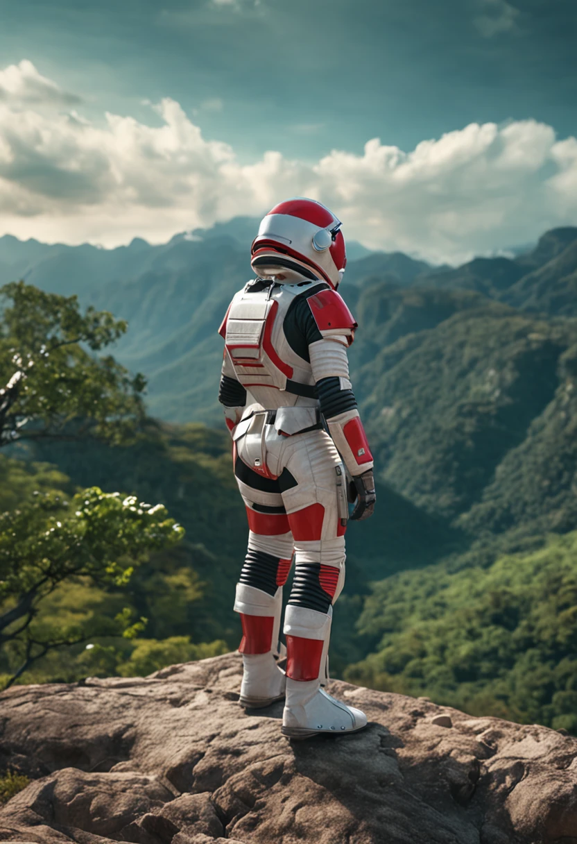 (35mmstyle:1.2), Highly detailed RAW color Photo, rear angle, full bodyesbian, af (Female space marine, Wearing a white and red spacesuit, futuristic helmet, Tin plated mask, Rebreathers, accentuated booty), Outdoors, (Stand on the cliffs of the tall Rocky Mountains, Gaze out over the magical lush green rainforest on an alien planet), vivd details, (Exotic alien planet), Toned body, big assa, (Sci-fi), (Mountains:1.1), (lush green vegetation), (two moons in sky:0.8), (Highly detailed, ultra - detailed, Intricate), (Lens flare:0.7), (full bloom:0.7), particle fx, Ray traching, Cinematic lighting, Shallow depth of field, photographed on a Sony a9 II, 35mm wide angle lens, Sharp focus, 《Gravity 2013》cinematic Film still from, Watching from behind, Dynamic Angle