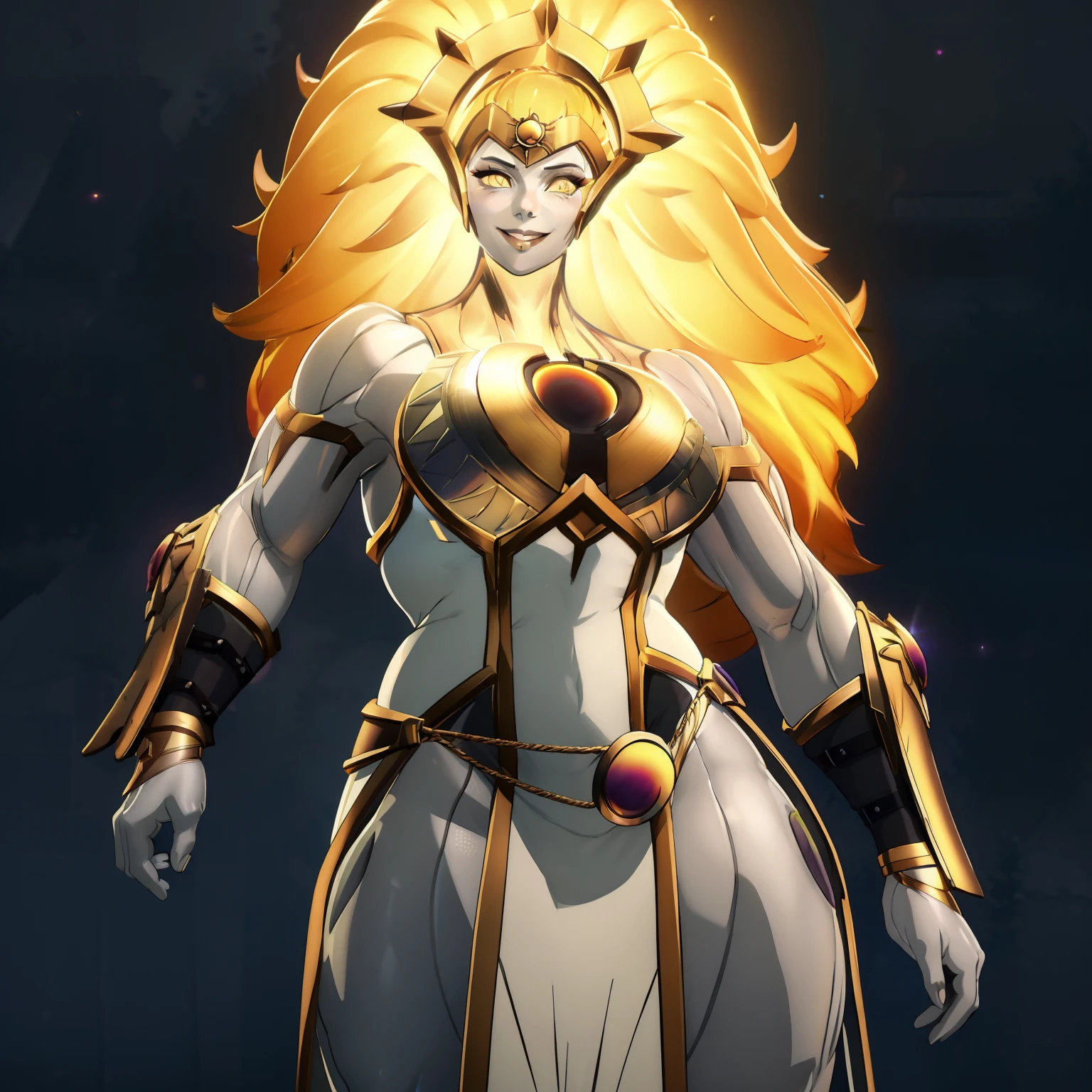 dawnbreakerdota, 1girl, glowing hair, yellow eyes, glowing eyes, blonde hair, colored skin, grey skin, armor, breastplate, long hair, breasts, dress, long hair, no panties, pelvic curtain, solo, thick thighs, muscular, wide hips, smile, solar temple, perfect anatomy, cowboy shot