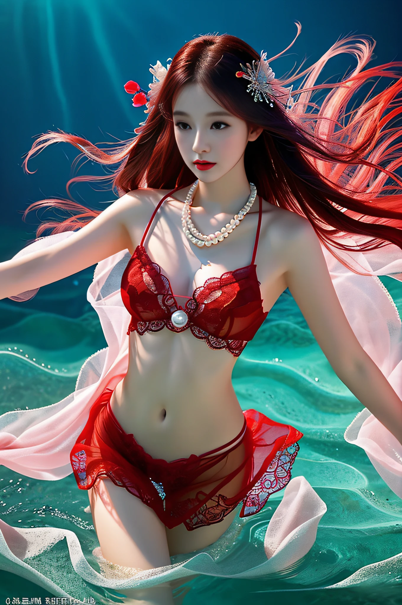 Attractive girl in red transparent gauze lace in the sea，Wearing a pearl necklace,Guviz-style artwork, colorfull digital fantasy art, closeup fantasy with water magic, fantasy beautiful, beautiful digital works of art, queen of the sea mu yanling, Fantasy Art Style, by Yang J, Beautiful beauty, beautiful gorgeous digital art，The exposure of the crotch dermis is sexy, Delicate and shiny, Thigh Shallow Ski White