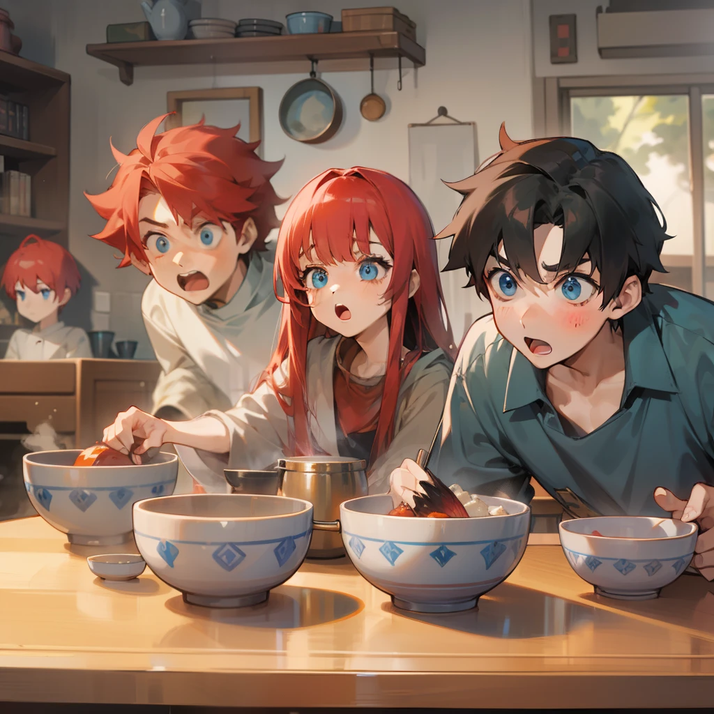 A girl with long red hair and blue eyes，and boys with short black hair，is shocked，startled，Look at the bowl on the table