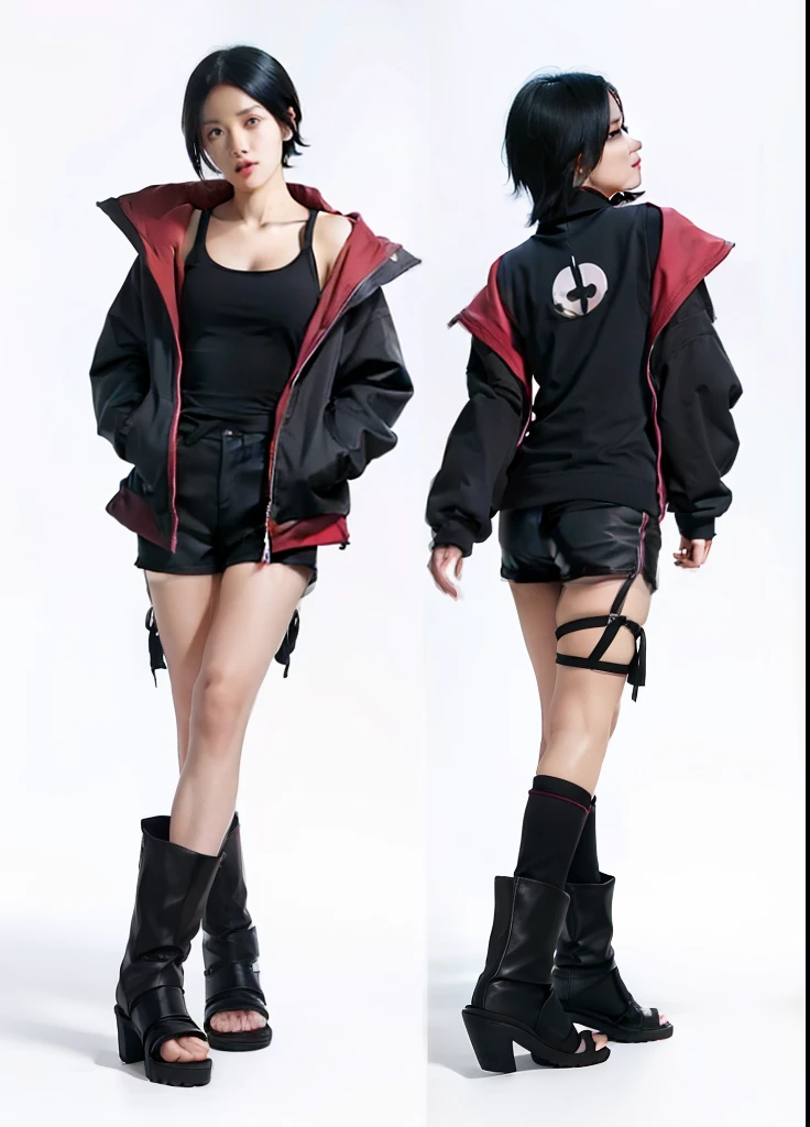 Sarada uchiha, Ladies, short black pants, black tank top, black jacket with pink trim, standing, In Konoha Village, black heels, short hair, serious expression, like a shinobi