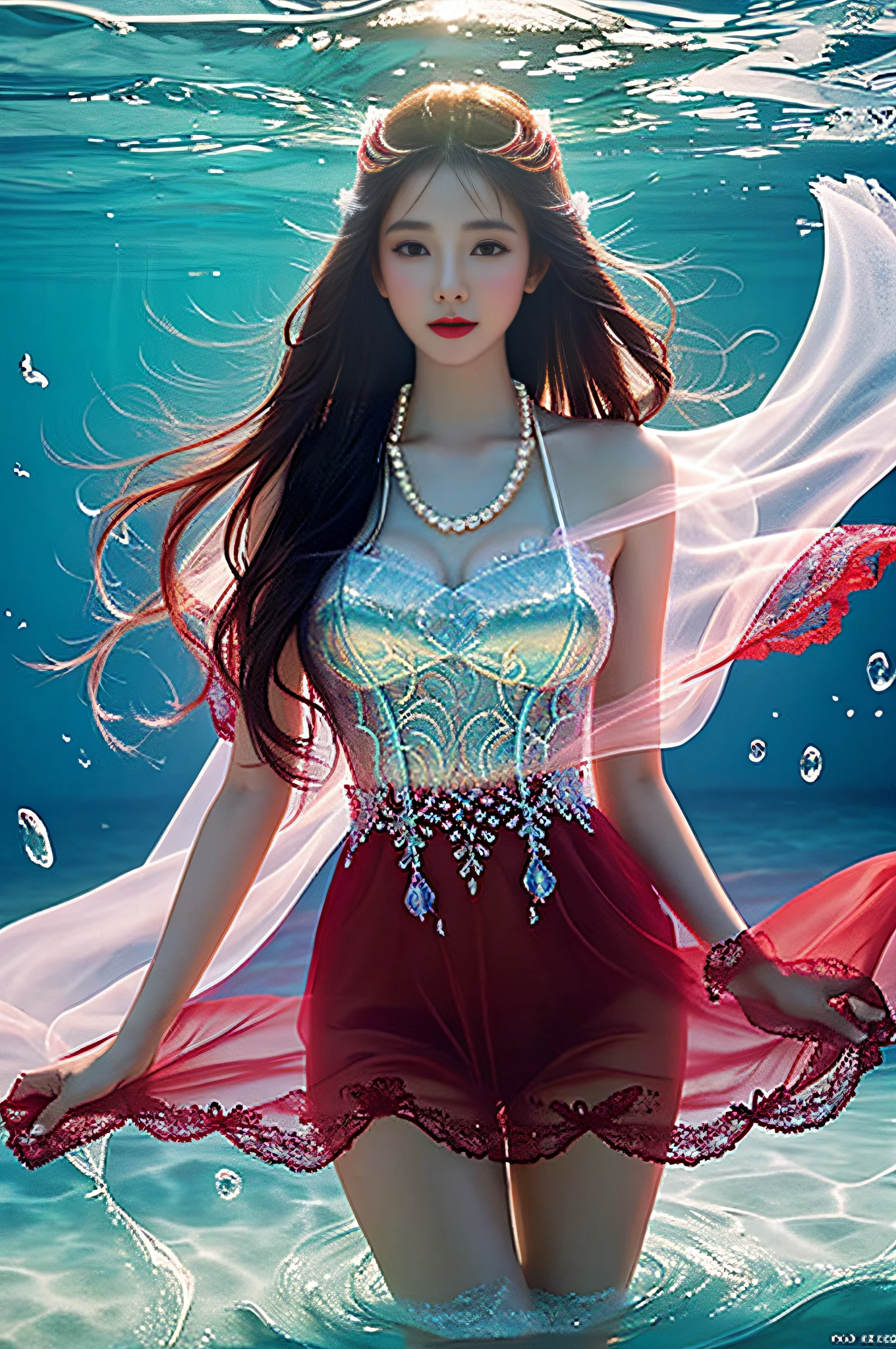 Attractive girl in red transparent gauze lace in the sea，Wearing a pearl necklace,Guviz-style artwork, colorfull digital fantasy art, closeup fantasy with water magic, fantasy beautiful, beautiful digital works of art, queen of the sea mu yanling, Fantasy Art Style, by Yang J, Beautiful beauty, beautiful gorgeous digital art，The exposure of the crotch dermis is sexy, Delicate and shiny, Thigh Shallow Ski White