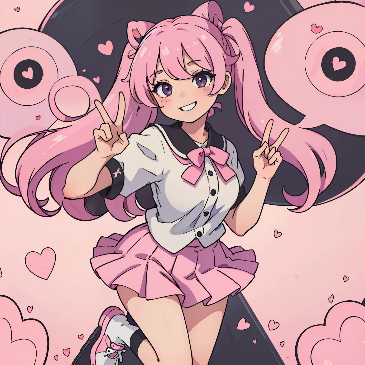 one girls、hi-school girl、gals、Pink twin tails、The whole body is visible、White loose socks、a short skirt、Black shoes、Exposed cleavage、Pink Neck Ribbon、Heart-shaped hairpin、evil smile,