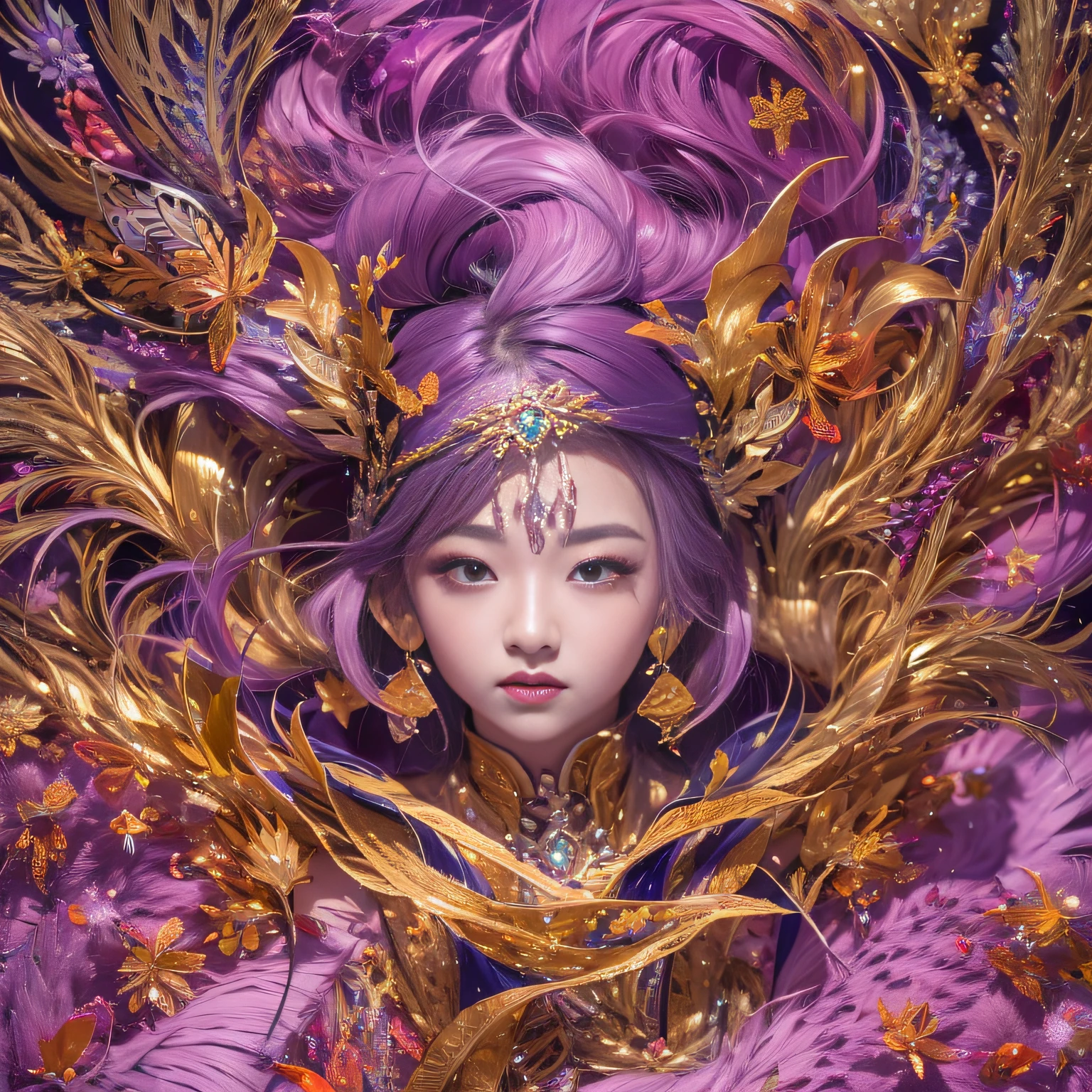 32K(tmasterpiece,k hd,hyper HD,32K)short detailed hair,Gold jewelry area in the back room,Flame Girl ,Yao Lang protector (realisticlying:1.4),Python pattern robe,Purple-pink tiara,Snowflakes fluttering,The background is pure,Hold your head high,Be proud,The nostrils look at people, A high resolution, the detail, RAW photogr, Sharp Re, Nikon D850 Film Stock Photo by Jefferies Lee 4 Kodak Portra 400 Camera F1.6 shots, Rich colors, ultra-realistic vivid textures, Dramatic lighting, Unreal Engine Art Station Trend, cinestir 800,Hold your head high,Be proud,The nostrils look at people