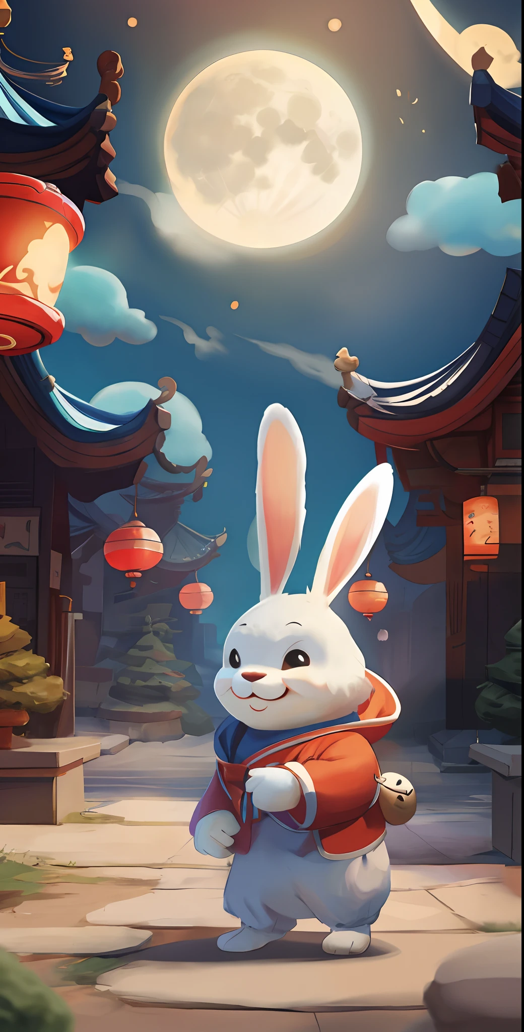 Mid-Autumn Festival scene,large moon,edgBunny,There is Kong Ming in the sky,Childrenswear outfit,The picture is simple,cheerfulness,Rejoice,(Bokeh) (8K) (Sharp focus),(having fun),Mobile game art, Game illustration, Mobile game assets, mobile game style, Stylized game art, Mobile game background, 2D mask illustration, 2 d illustration, 2D illustration, flatillustration, 8 K cartoon illustration, mobile game, Official illustration