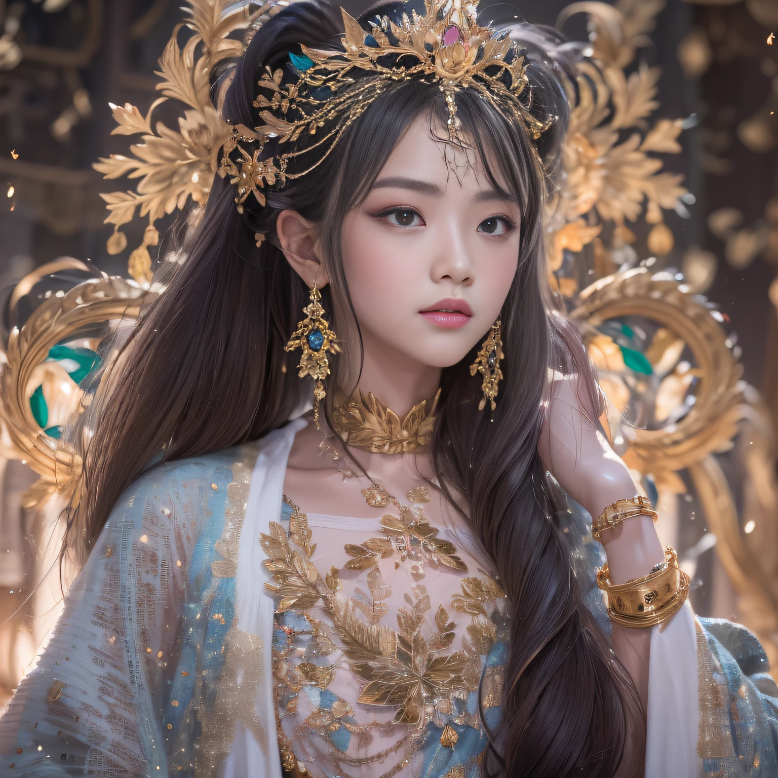 32K（tmasterpiece，k hd，hyper HD，32K）short detailed hair，Gold jewelry area in the back room，Flame Girl ，Yao Lang protector （realisticlying：1.4），Python pattern robe，Purple-pink tiara，Snowflakes fluttering，The background is pure，Hold your head high，Be proud，The nostrils look at people， A high resolution， the detail， RAW photogr， Sharp Re， Nikon D850 Film Stock Photo by Jefferies Lee 4 Kodak Portra 400 Camera F1.6 shots, Rich colors, ultra-realistic vivid textures, Dramatic lighting, Unreal Engine Art Station Trend, cinestir 800，Hold your head high，Be proud，The nostrils look at people