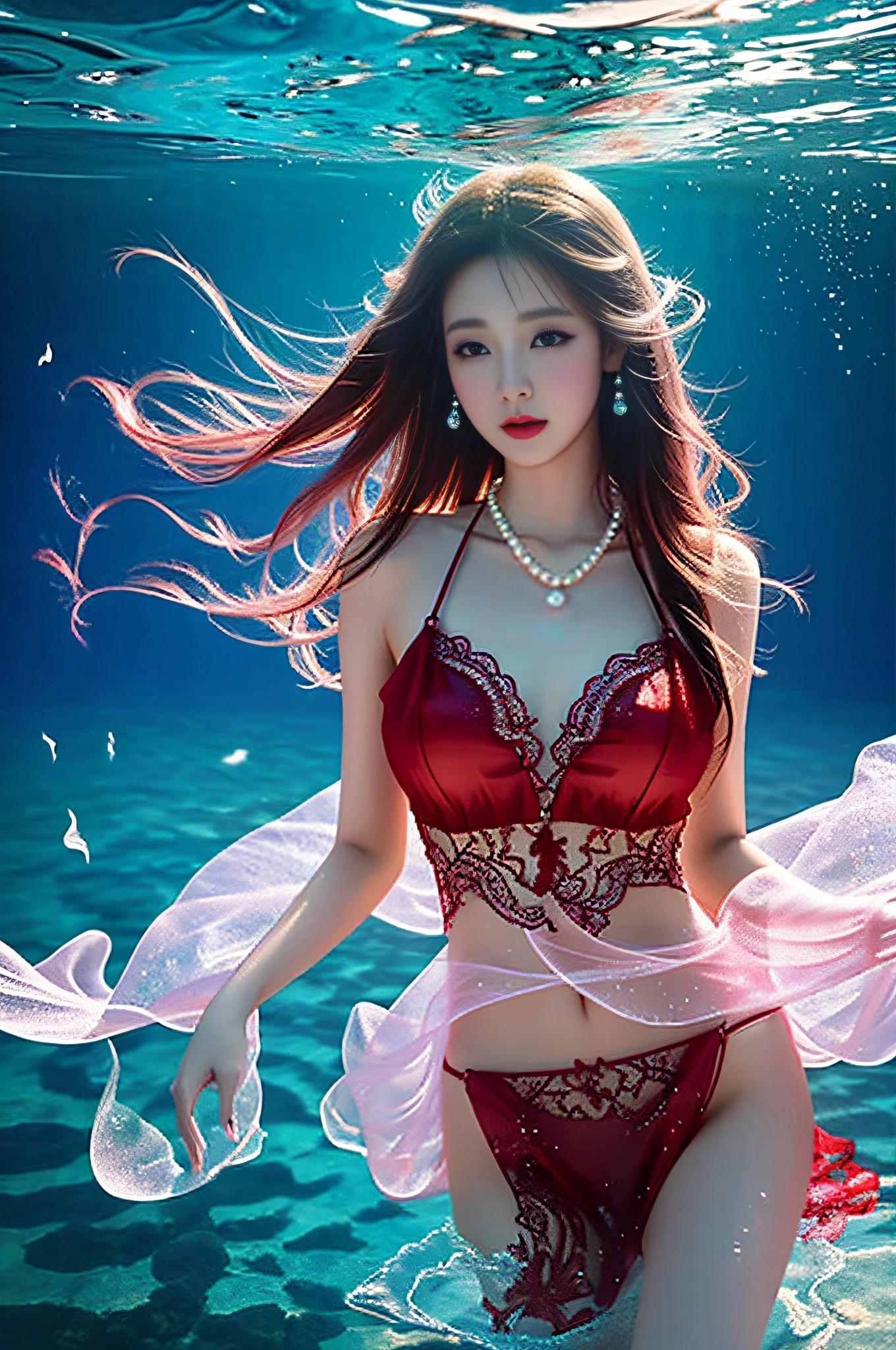 Attractive girl in red transparent gauze lace in the sea，Wearing a pearl necklace,Guviz-style artwork, colorfull digital fantasy art, closeup fantasy with water magic, fantasy beautiful, beautiful digital works of art, queen of the sea mu yanling, Fantasy Art Style, by Yang J, Beautiful beauty, beautiful gorgeous digital art，The exposure of the crotch dermis is sexy, Delicate and shiny, Thigh Shallow Ski White