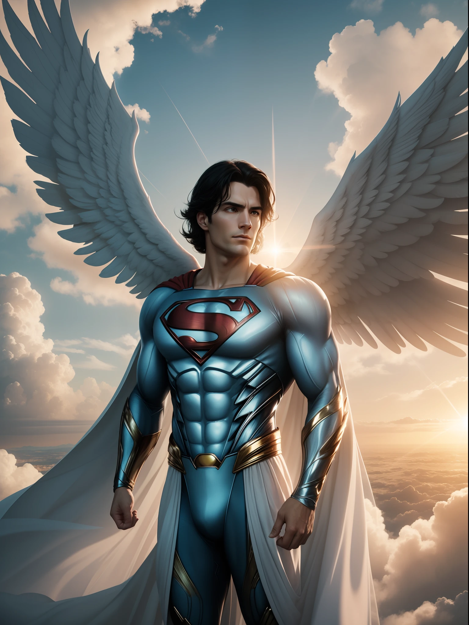 Subject: A photorealistic depiction of Superman transformed into an angelic being, with majestic wings and a radiant halo, soaring amidst the clouds with the sun's golden light.
Type of Image: Digital painting
Art Styles: Realistic, Ethereal
Art Inspirations: Angelic imagery, superhero aesthetics
Camera: Aerial view capturing Superman's angelic form against the sky
Shot: Majestic scene with Superman in angelic form soaring amidst the clouds
Render: Soft and warm lighting to enhance the ethereal ambiance and details of angelic features