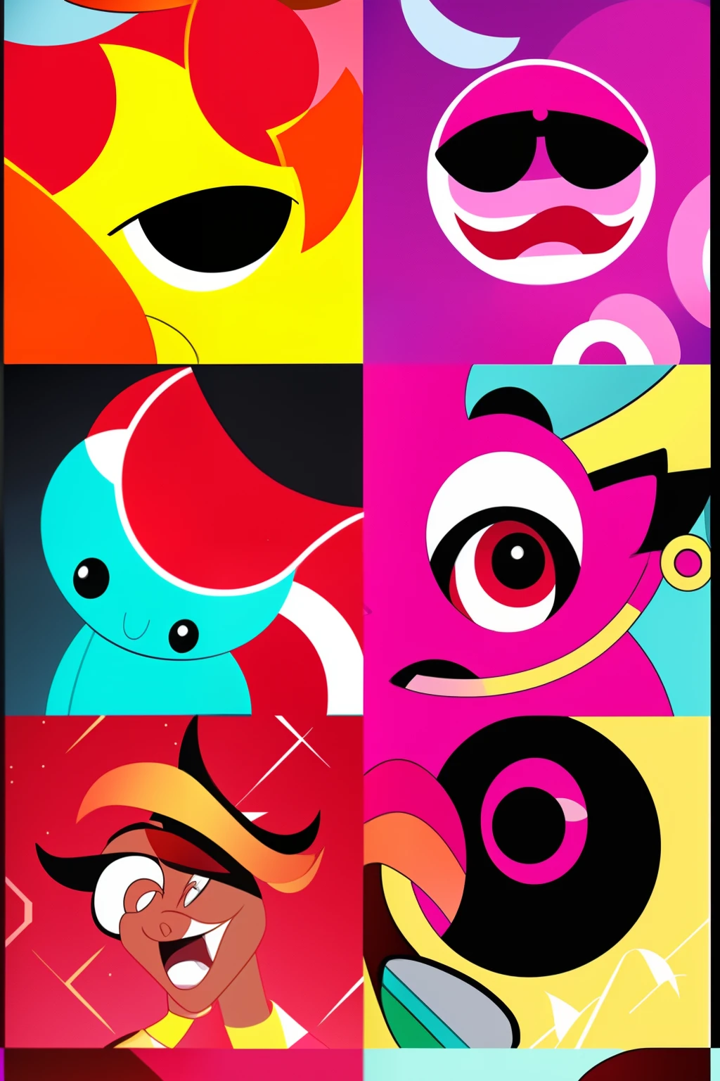 Envision a character that embodies 'Lelon'. It should be bright yellow, round, and bear a resemblance to the Powerpuff Girls, with oversized eyes and playful expressions