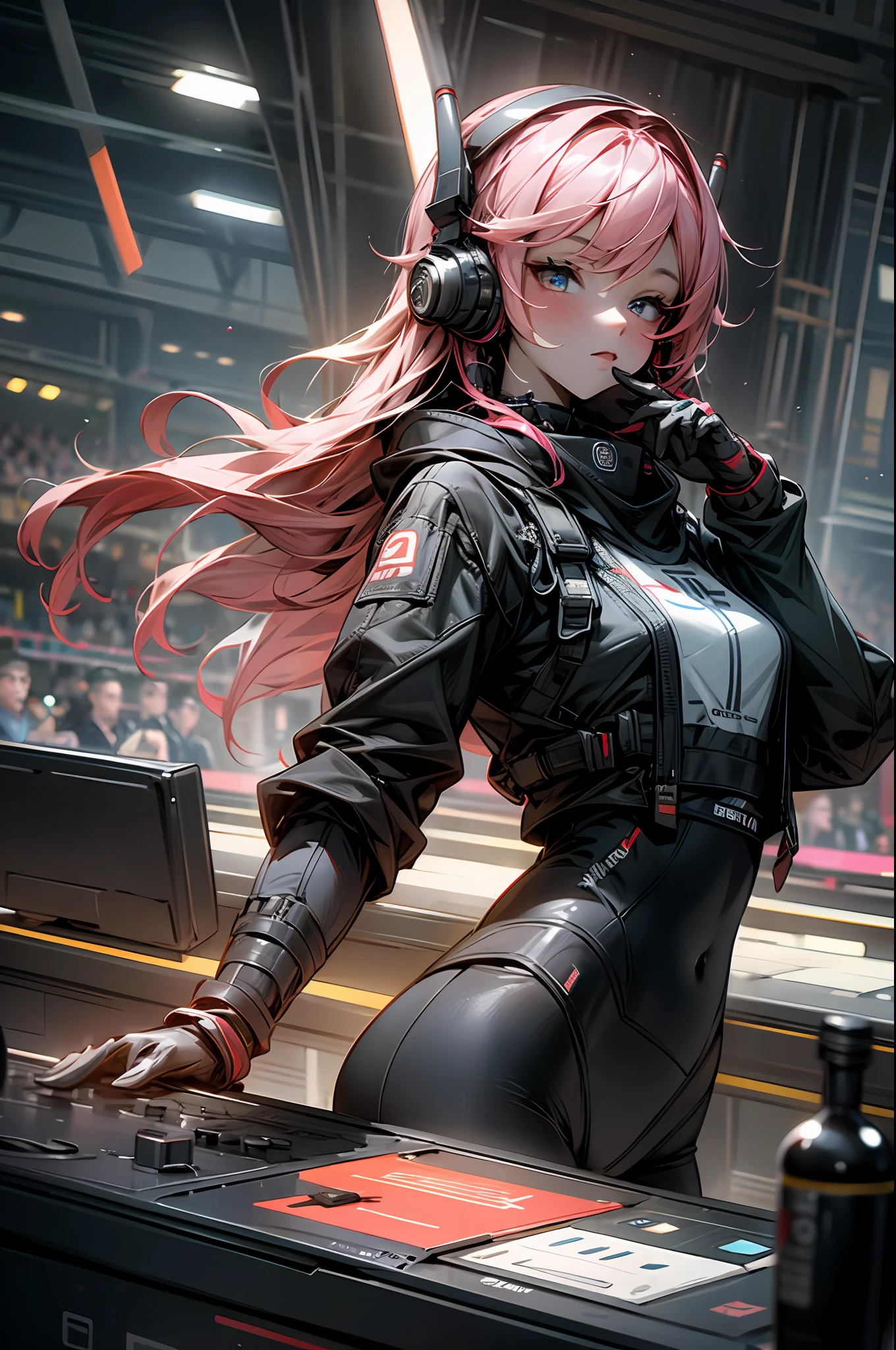 The upper part of the body, Female DJ,Look at the crowd,high qulity,8K,super-fine,dynamic viewing angle
