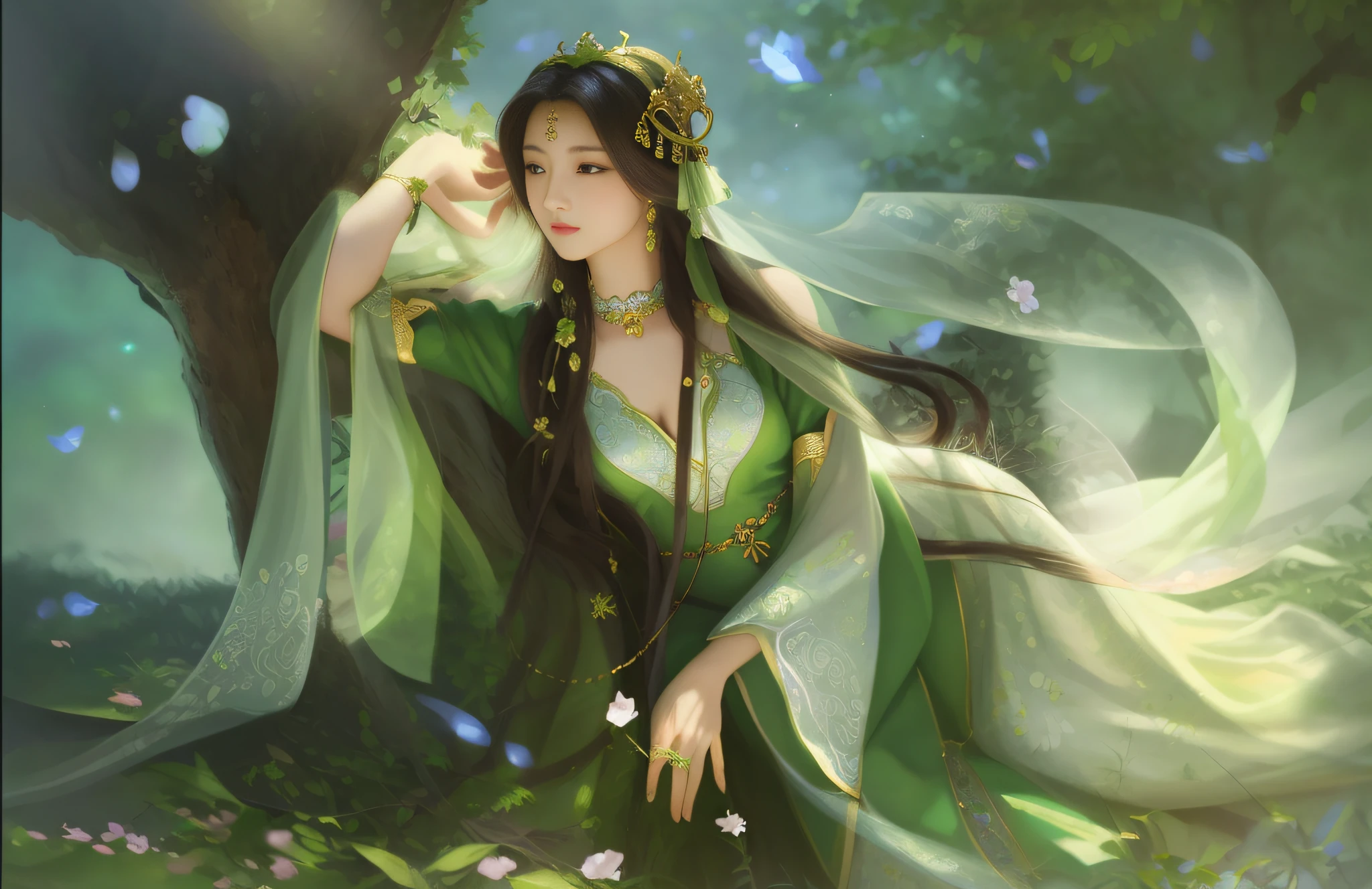 oriental girl,Works of masters,It is engaging and beautifully composed,Her figure is curvy,Enough to be a masterpiece。The painting is undoubtedly super detailed,Her figure is curvy,Best picture quality,Higher quality,high detal, 超高分辨率, 8K resolution, depth of fields, cinematic photogtaphy, intricately details, carefully, meticuloso, glorious, max detail, extreme beautiful, (((1girll, 独奏))), A picture, tmasterpiece, (Best picture quality), Higher quality, high detal, 超高分辨率, ,Araki woman in green dress sitting in a tree, a beautiful fantasy empress, beautiful and elegant elf queen, beautiful fantasy maiden, by Yang J, Fantasy art style, beautiful fantasy art, ((a beautiful fantasy empress)), author:Chen Lin, Palace , A girl in Hanfu, very beautiful fantasy art, fey queen of the summer forest, Beautiful teenage girl,8K