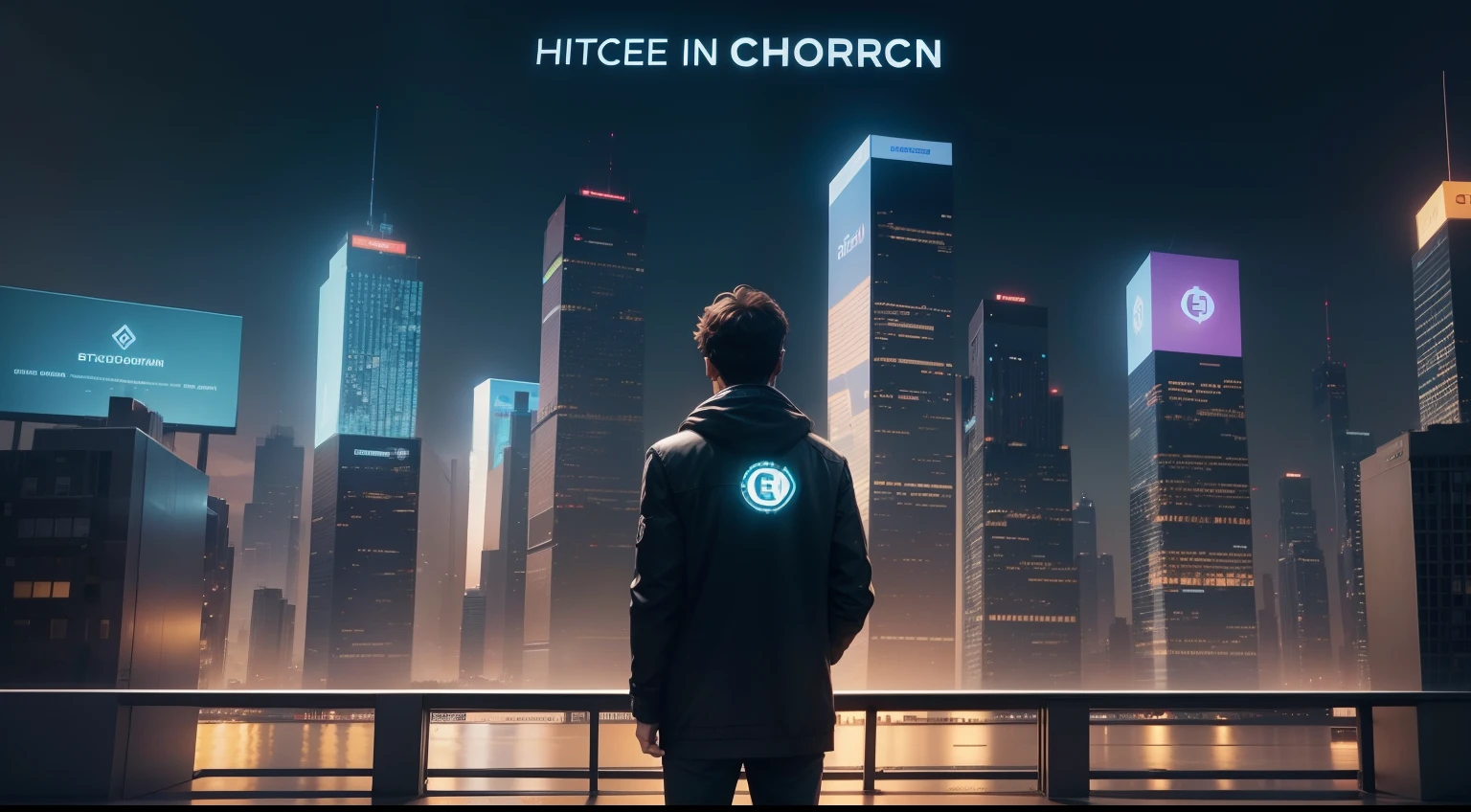 An opening scene of video advertisement with a cityscape with digital billboards displaying cryptocurrency symbols and graphs of people looking at the board to see etherum, Bitcoin and other crypto stuffs