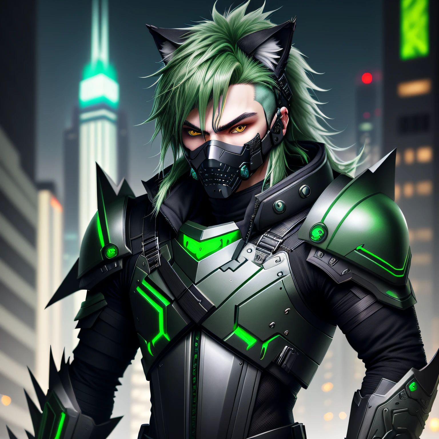 (best quality) (extra high definition) wolf hair rocker green with mask, dark style, black titanium armor green details, looking at you, sword in hand, cyberpunk city