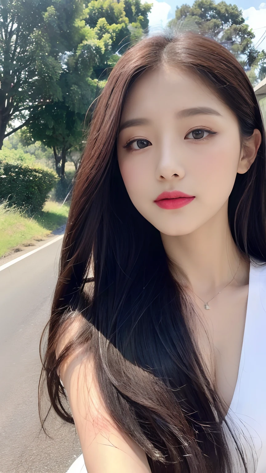 ((top-quality、8K、masterpiece:1.3))、beautiful Girl、pure、Melon face、gentle and cute、A sweet smile、pure lust、Thin figure、(frontage)、(tilted head)、Look directly at the camera、校服、obi、Formal、Black silky long straight hair、long hair flowing over the shoulders、round black big eyes、clear big eyes、Wet red lips、Dolce、Sitting on the side of the road、 with blue sky and white clouds、grassy、buliding、Pick up the President、Bolides、luxury car