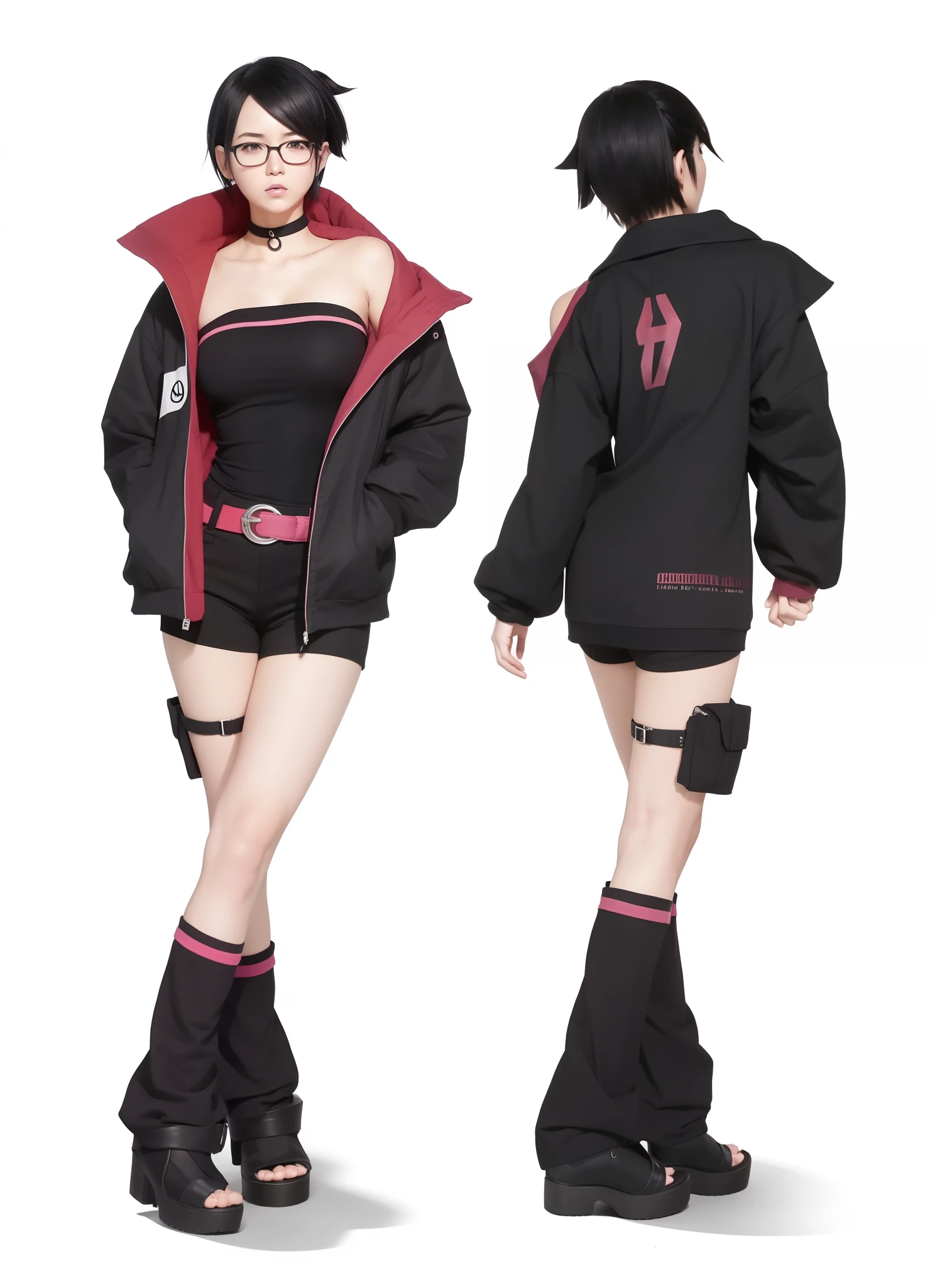 Sarada uchiha, Ladies, short black pants, black tank top, black jacket with pink trim, standing, In Konoha Village, black heels, short hair, serious expression, like a shinobi