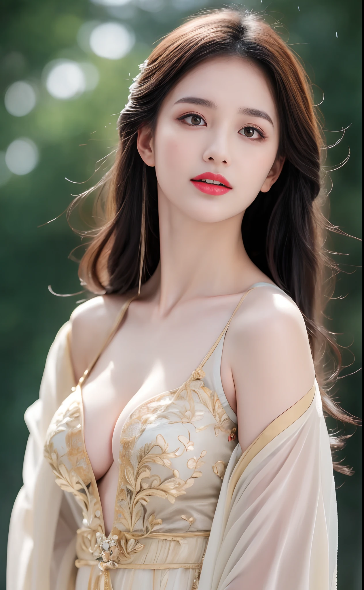 ((Best Quality, 8k, Masterpiece: 1.3)), Focus: 1.2, Perfect Body Beauty: 1.4, Buttocks: 1.2, ((Layered Haircut)), (Wet Clothes: 1.1), (Rain, Street:1.3), (Breasts: 1.2), (Hanfu: 1.2), Bare Shoulders, Bare Legs, Highly Detailed Face and Skin Texture, Fine Eyes, Double Eyelids, Whitened Skin, Long Hair, (Shut Up: 1.5), (Bokeh Background: 1.5), Big Breasts