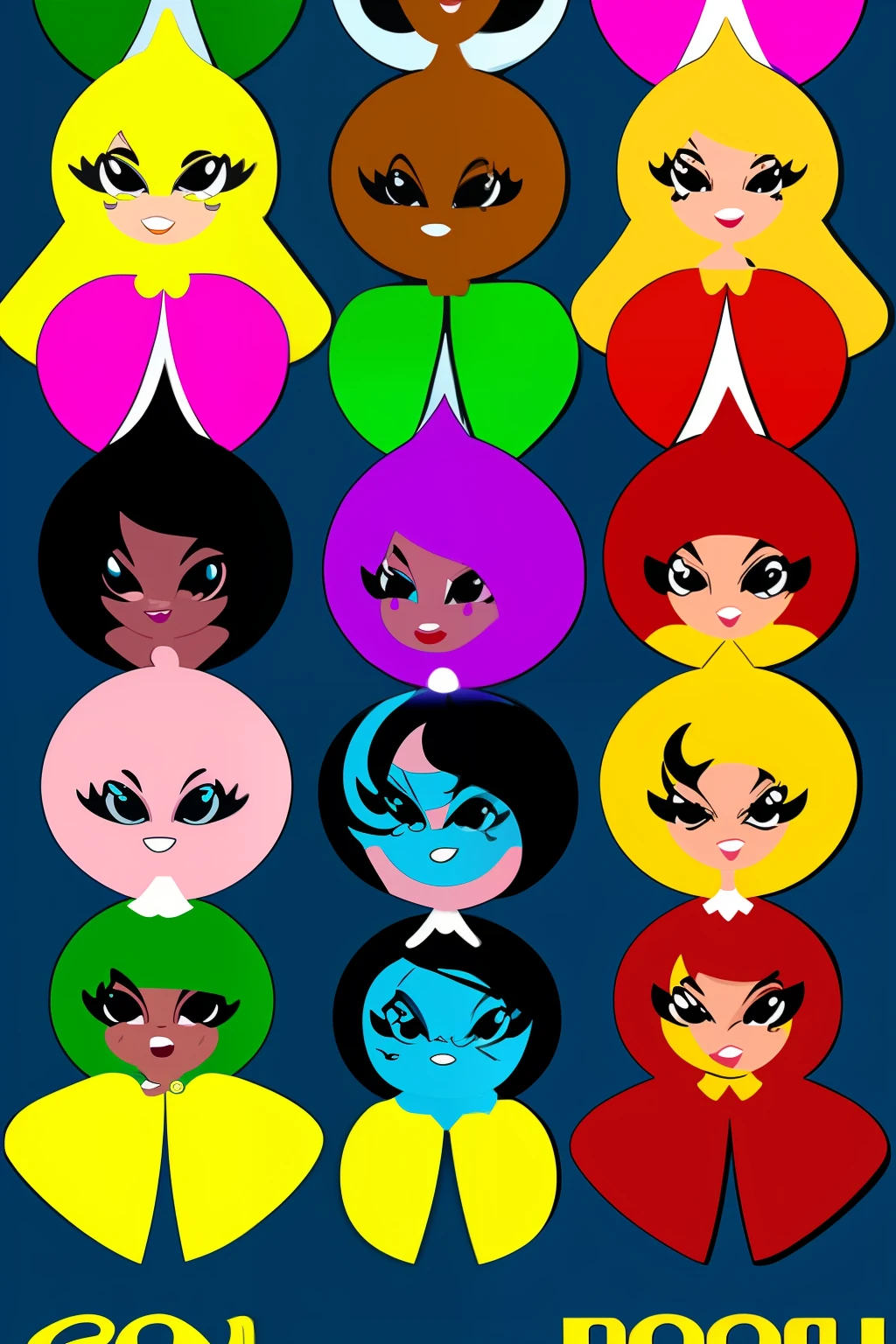Envision a character that embodies 'Lelon'. It should be bright yellow, round, and bear a resemblance to the Powerpuff Girls, with oversized eyes and playful expressions
