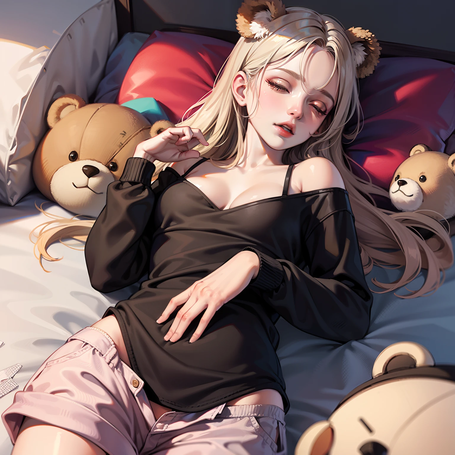 1girl, bra, breasts, cleavage, closed_eyes, lips, long_hair, open_mouth, photo_\(medium\),realistic, sleeping, small_breasts, solo, stuffed_animal, stuffed_toy, teddy_bear, underwear,(masterpiece),(photorealistic:1.3), nfsw, ultra-detailed, (high detailed skin:1.2),(best quality:1.0), (ultra highres:1.0), topless, short pants, detail body and face