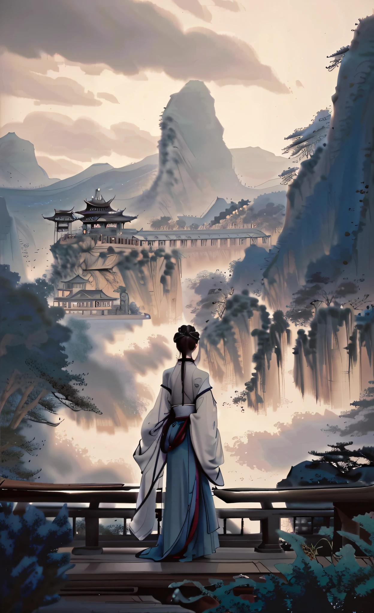 Painting a woman in a white dress Hanfu standing on a bridge, ross tran. scenery background, ((The back of a beautiful woman)),((Look at the scenery in the distance)),Chinese landscape pavilions, beautiful concept art, by Raymond Han, author:Raphael Lacoste, Estilo de Raphael Lacoste, by Bayard Wu, Palace , A girl in Hanfu, concept-art | feng zhu, Beautiful rendering of the Tang Dynasty, elegant cinematic fantasy art, martin raphael lacoste