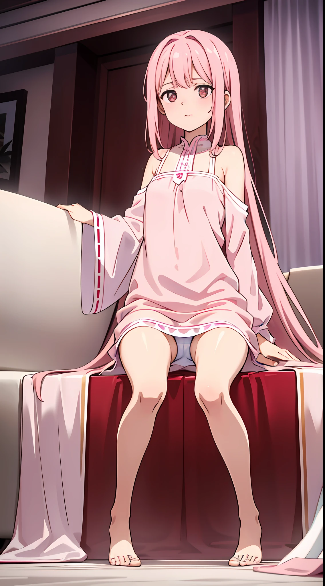 Pink long hair girl,Delicate facial features,The body is soft,plumw,Wearing a long pink dress,At this point she raised one leg,And put his hand inside his panties to scratch,The panties are already soaked with love fluid,It flowed down the base of the thigh,The entire black sofa was covered with a slimy white liquid,Her face was particularly red,I can't help but shout