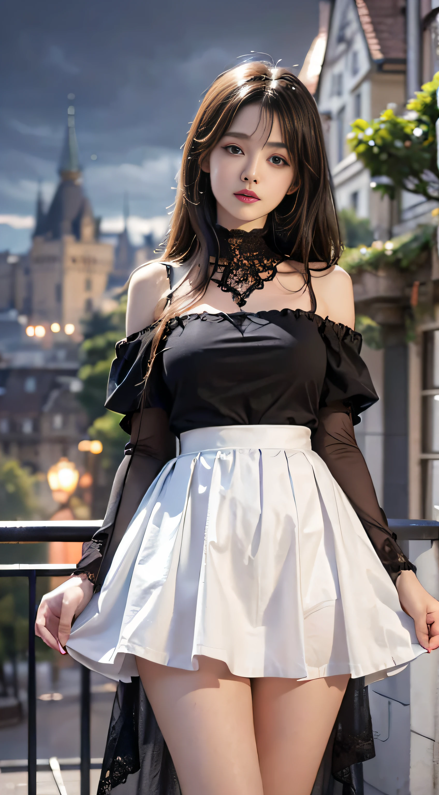 masutepiece, 8K,((Focus on the thighs))，High resolution whole body, surrealism, Cinematic lighting, god light,Layered processing (HD layers, People layer， Background image layer)，f/4.0, kanon，(The face is super clear)，hugefilesize，Shiny skin,Detailed skin,Detailed face, Detailed eyes, Goddess of the Storm,(Lolita dress miniskirt:1.5)， At the top of a huge canyon, The wind was blowing violently, Hair similar to the color of wind and lightning, nakeness, Bare chest, No top, Show off , Storm vortex pendant, Lightning earrings, Dark clouds loom like a storm, A thunderous scene，Sky thunder and lightning scattered together，