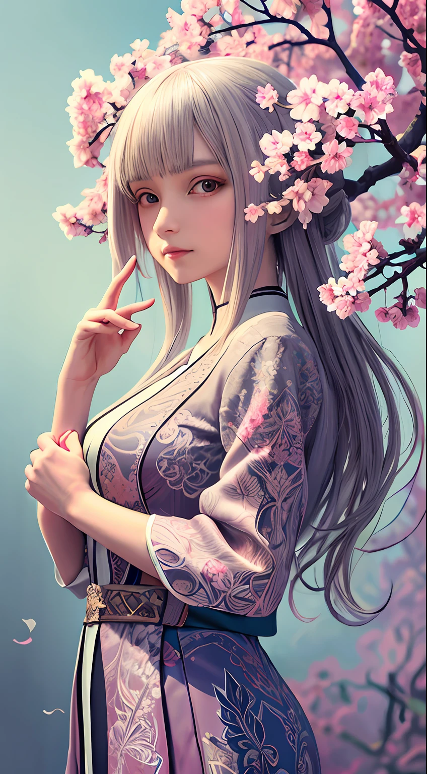 A flower by Casey Weldon, Olga Kvasha, Miho Hirano, hyperdetailed intricately detailed gothic art trending on Artstation triadic colors Unreal Engine 5 detailed matte painting, deep color, fantastical, intricate detail, splash screen, complementary colors, fantasy concept art, 8k resolution, gothic deviantart masterpiece, (dark shot:0.9), art by greg rutkowski and artgerm, soft cinematic light, adobe lightroom, photolab, hdr, intricate, highly detailed, cherry blossom,