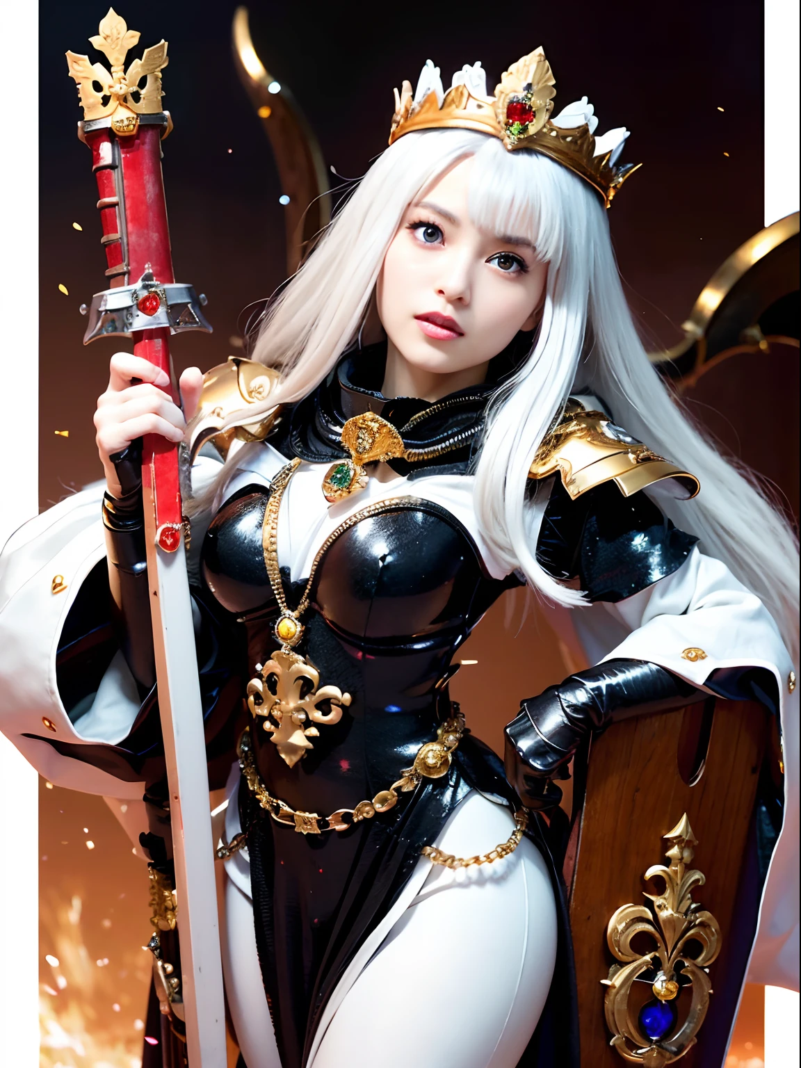 (masutepiece), Professional , masterpiece、top-quality、photos realistic , depth of fields (Gemstone Silver Metal Body:1.9),(Matte White、Jewel Gold Weapon(Jewel Metal Body:1.4),Gorgeous metal weapons ,(Swarm of goblins)、 Detailed Sword of the Brave , Beautiful knife ,warhammer 40k , adepta sororitas,Detail and ornate jewel crown、Black hair、Gangle's forest background、Beautiful Caucasian beauty、1a person、dynamic ungle,(((Detailed and ornate diamond crown)))、Smaller head、A smile、Take a sexy pose、Thin and beautiful female hands、cyanide light particles、Mystical expression、