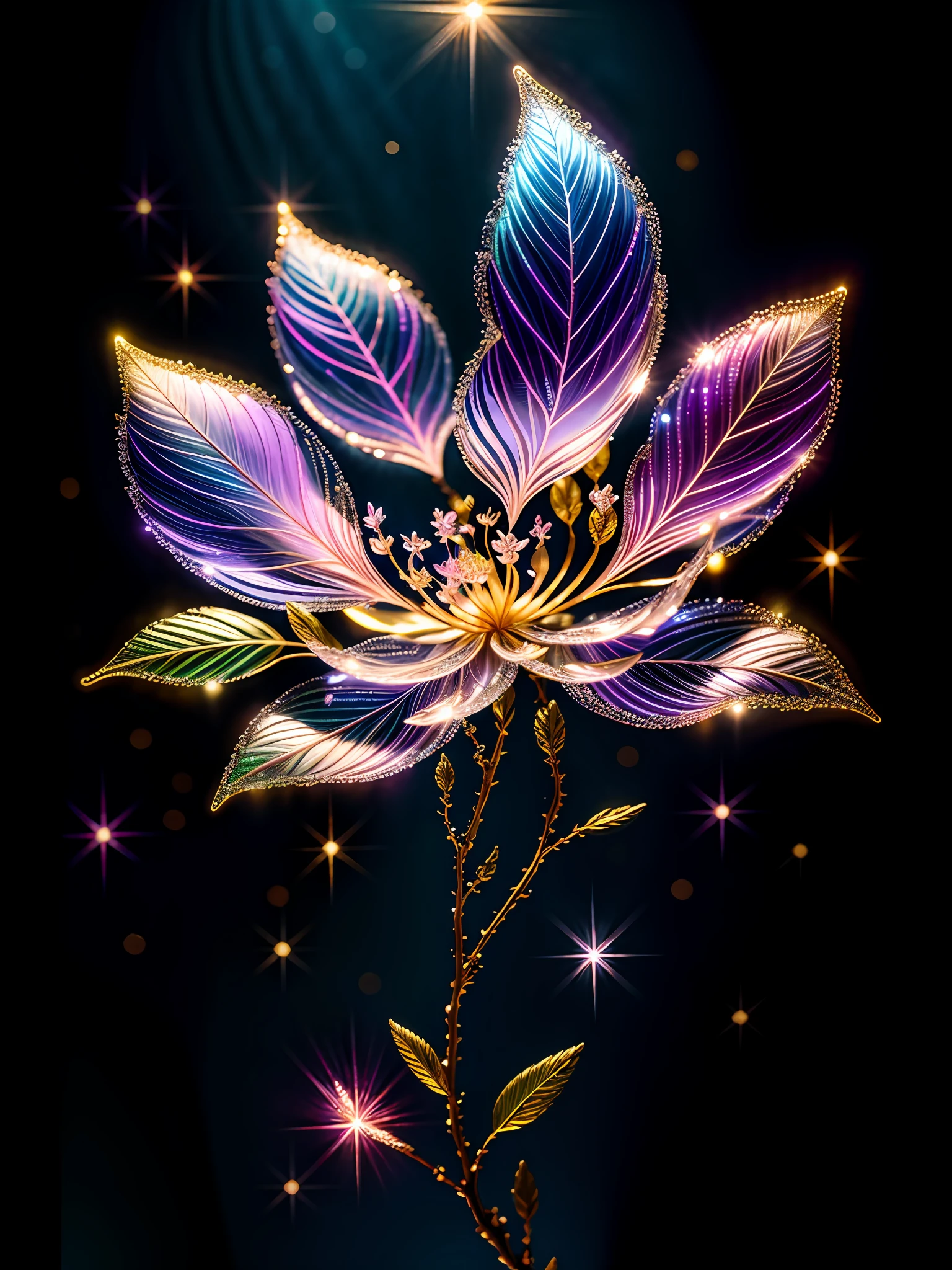 branch of delicate lilac flowers, super transparent, holy light, beautiful spectral light, petals glow, flashing, dark background, drops of transparent light, reflective light, bright, light streaming in, optics, portrait profile, sharp focus, magical, intricate, ultra realistic, fantasy, composition, light, trend on artstation, pearl, patronus cloud of silvery vapor, corrosive enveloping ray family, 8k, ureal ar 23v4 uplight