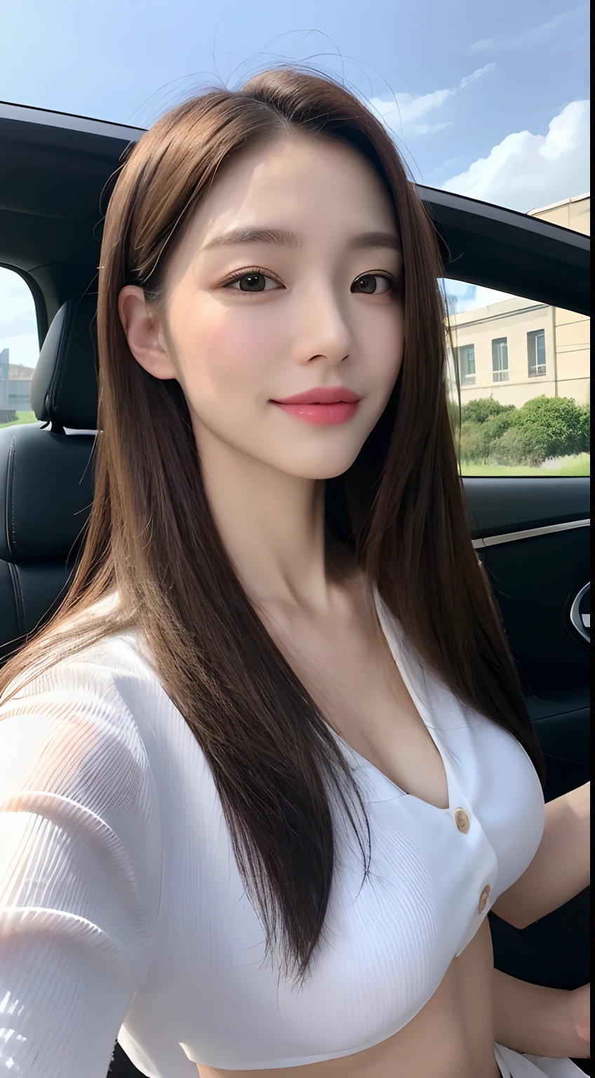 ((highest quality, 8k, masterpiece :1.3)), One girl, Selfie, Open your mouth, Very attractive smile:1.2, Red lipstick:1.2,Slim face, Beautiful woman, Big Breasts:1.3, Highly detailed face, double eyelid, Blur the background, Slim face, city, sunny, null, nature,Inside the car,While driving,looking at the camera,White loose blouse,Purple tight skirt,(masterpiece: 1.3), (Maximum resolution: 1.4), (Ultra high definition: 1.2), Cinematic Light, Ultra high definition, (Detailed eyesと肌), (Detailed facial features), 8k resolution, Perfect Style, Beautiful expression、Highly detailed face and skin texture、Detailed eyes、Glitter Eyeliner:1.2、Thin cheeks、((Pure white skin:1.4)),Glossy Lips:1.2、((Full Body Shot:1.2)),(Straight Hairstyles、Light brown hair)、One-length long hair、175cm,From above