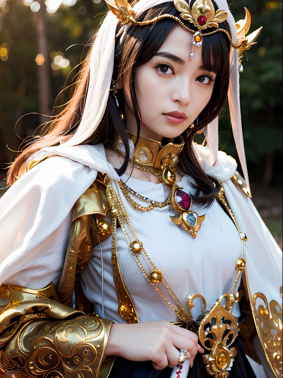 (masutepiece), Professional , masterpiece、top-quality、photos realistic , depth of fields (Gemstone Silver Metal Body:1.9),(Matte White、Jewel Gold Weapon(Jewel Metal Body:1.4),Gorgeous metal weapons ,(Swarm of goblins)、 Detailed Sword of the Brave , Beautiful knife ,warhammer 40k , adepta sororitas,Detail and ornate jewel crown、Black hair、Gangle's forest background、Beautiful Caucasian beauty、1a person、dynamic ungle,(((Detailed and ornate diamond crown)))、Smaller head、A smile、Take a sexy pose、Thin and beautiful female hands、cyanide light particles、Mystical expression、