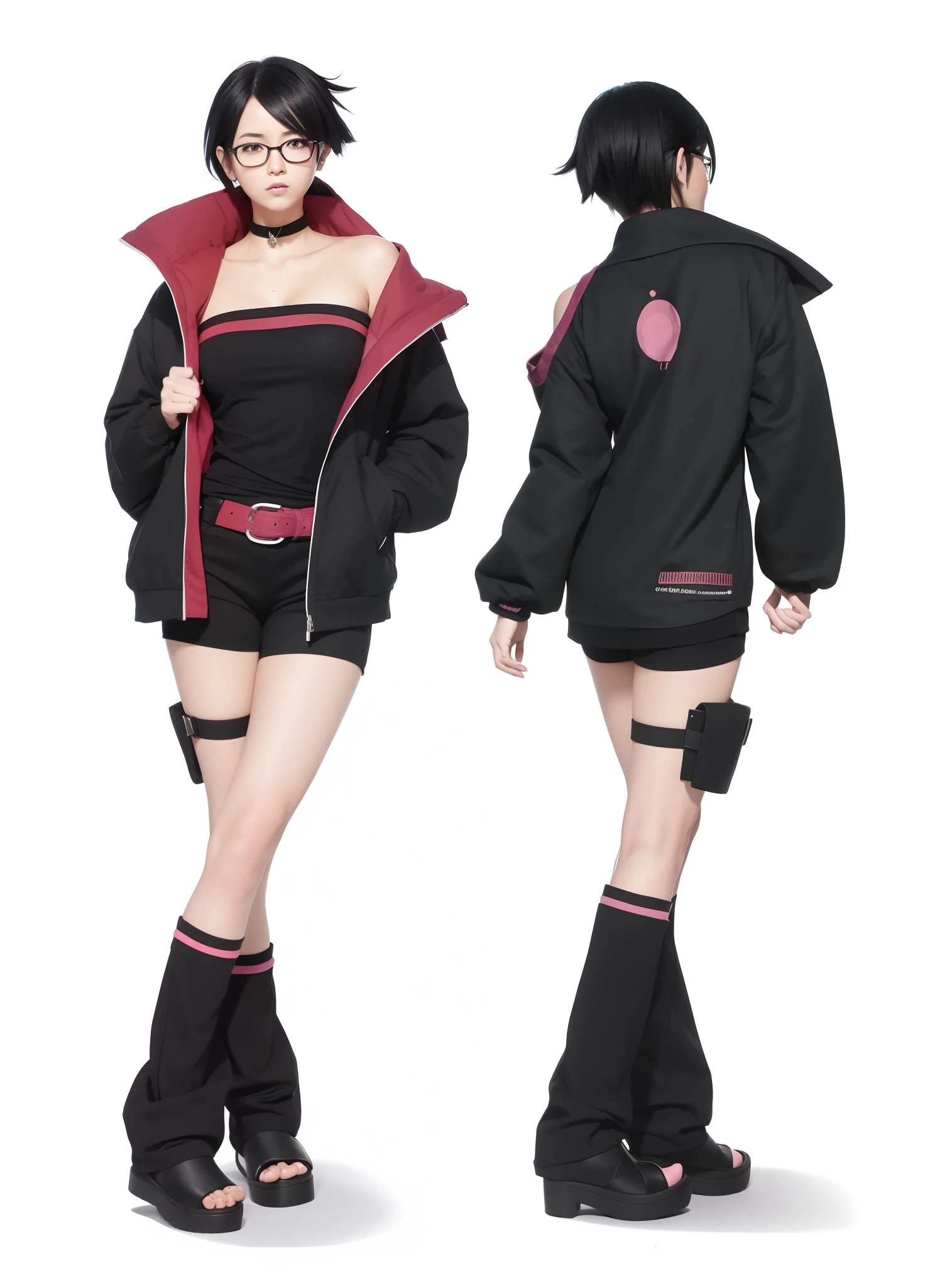 Sarada uchiha, Ladies, short black pants, black tank top, black jacket with pink trim, standing, In Konoha Village, black heels, short hair, serious expression, like a shinobi