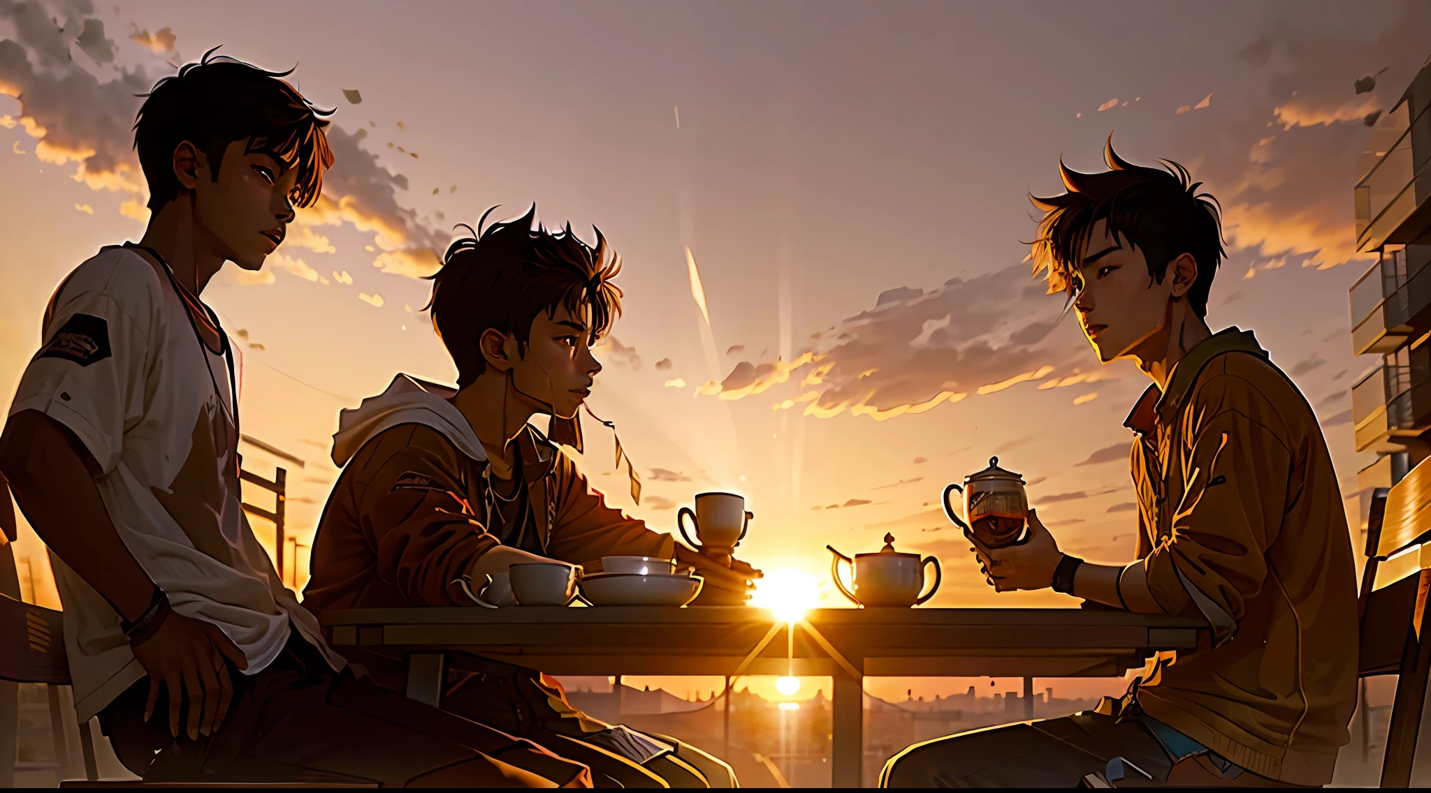 Two 18-year-old boys drinking tea in the setting sun ,Realistic