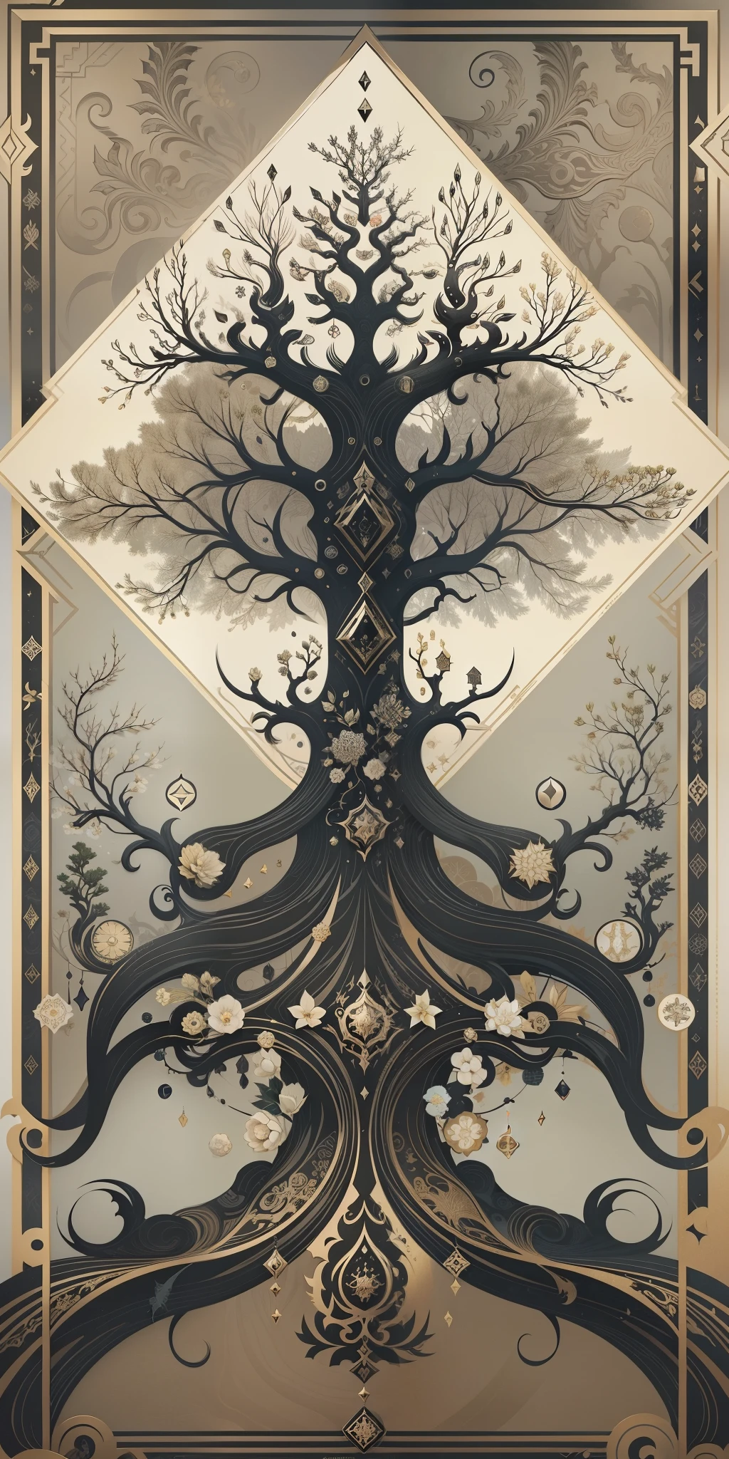 Nordic tree-shaped solitaire，Flat style， abstract artistic，Graphic design，对称, Math, Renaissance, Oil painting, 2D canvas, highly  detailed, 复杂, Classic paint, Black monochrome, crystals, opulent, lap, gothic ornament, Graphic design