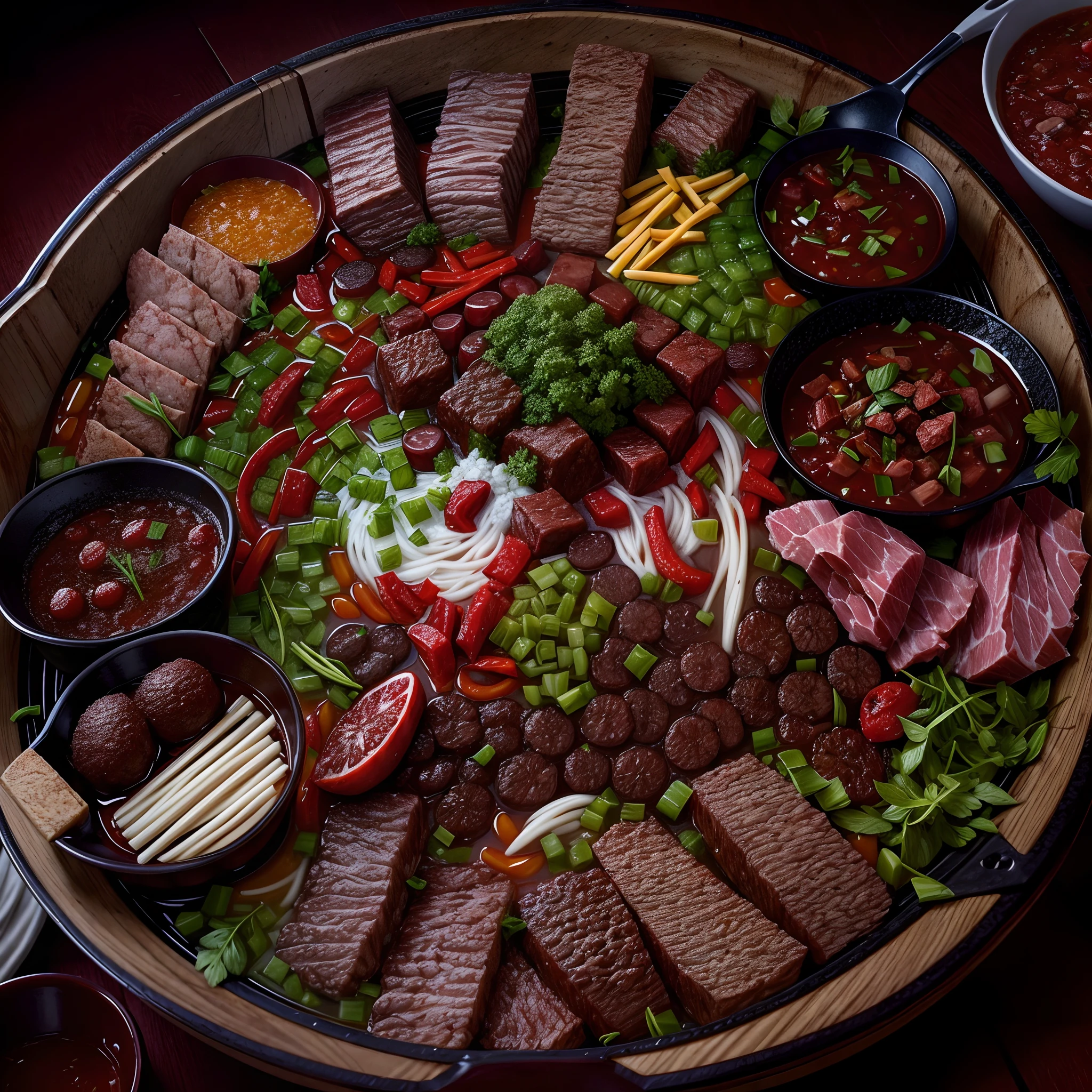 High angle of view,hot pot,chili pepper,Beef slices,Ham sausage,tmasterpiece,4K,strong lights,lightand shade contrast