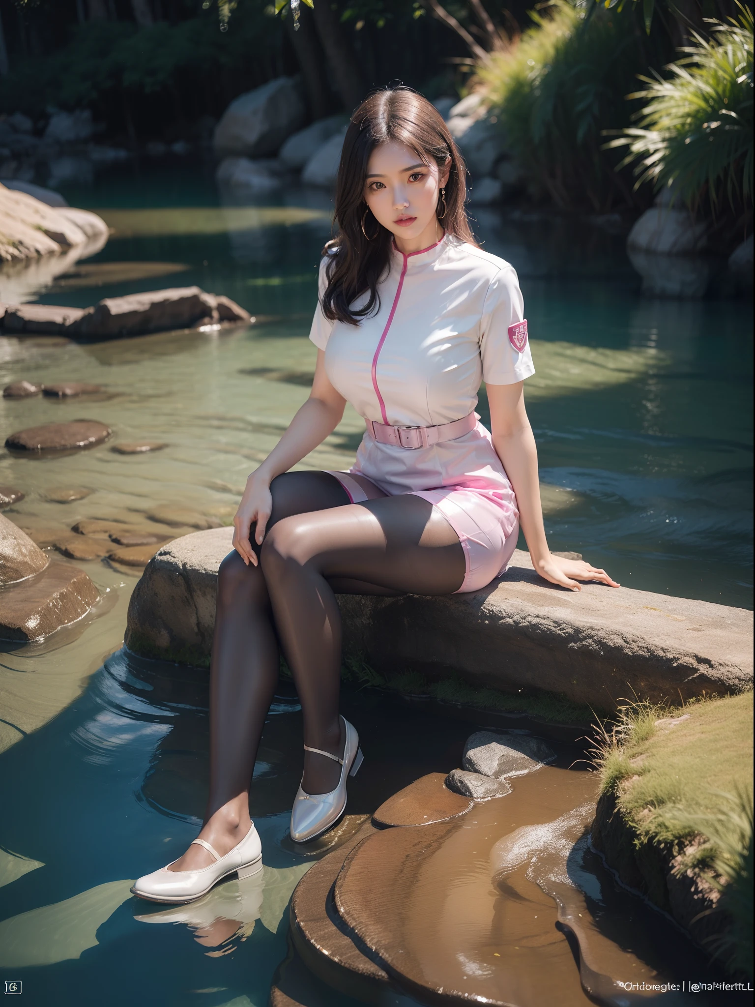 (full body:2)，(1girl:1.3),(view the viewer:1.4)，(anatomy correct:1.9),(Sitting by the creek,:1.35),(Polished Glassy pantyhose:1.4),(A mature and sensual woman Wear printed fantasy NURSE SET and polished Uniform women's leather shoes :1.35)，(A woman with large buttocks, breasts, and a slender waist:1.4), (Light particle effect:1.3),(In pink | amarelo | blue colors| green color |red color | white colors| black in color| purplish color| greys| Beige| Flesh color 1.4)，(Glowing eyes:1.3),(Large amplitude action: 1.3)，(Accurate and perfect face:1.4),hyper HD, Ray traching, reflective light，structurally correct, Award-Awarded, high detail, lighten shade contrast, Face lighting ，cinmatic lighting, masterpiece, super detailing, high quality, high detail, best quality, 16k，High contrast,