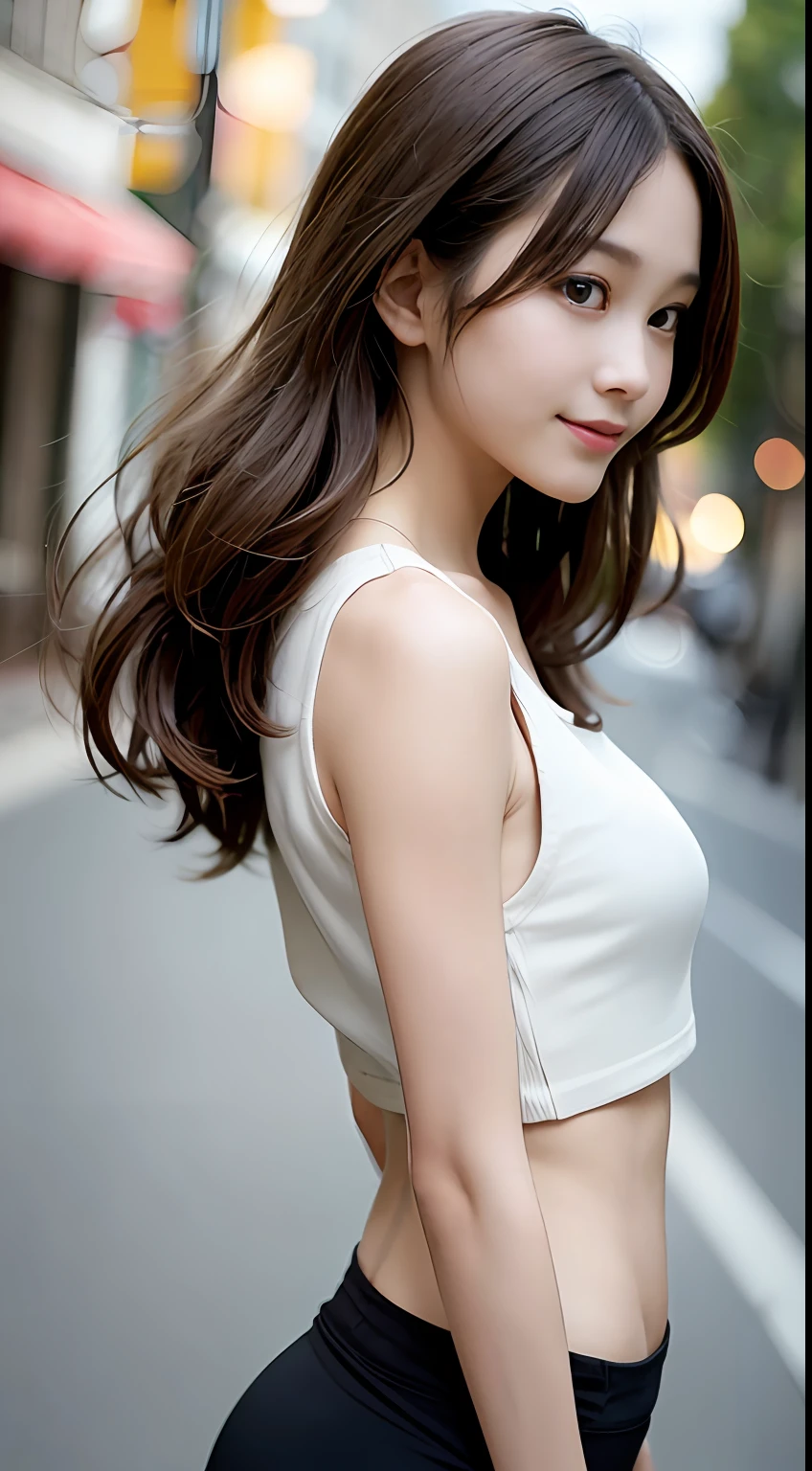 top-quality、超A high resolution、(Photorealsitic:1.4)、Beautie、Korean Idols、21years old、length hair、light brown hair、Clean and wavy hairstyle、small tits、Very small breasts、Realistic eyes, slender narrow eyes、Beautiful eyes、A smile、croptop、Tank Tops、Wear a see-through shirt、a miniskirt、In the street、slender、A slender、Slender body lines、shot from a side angle