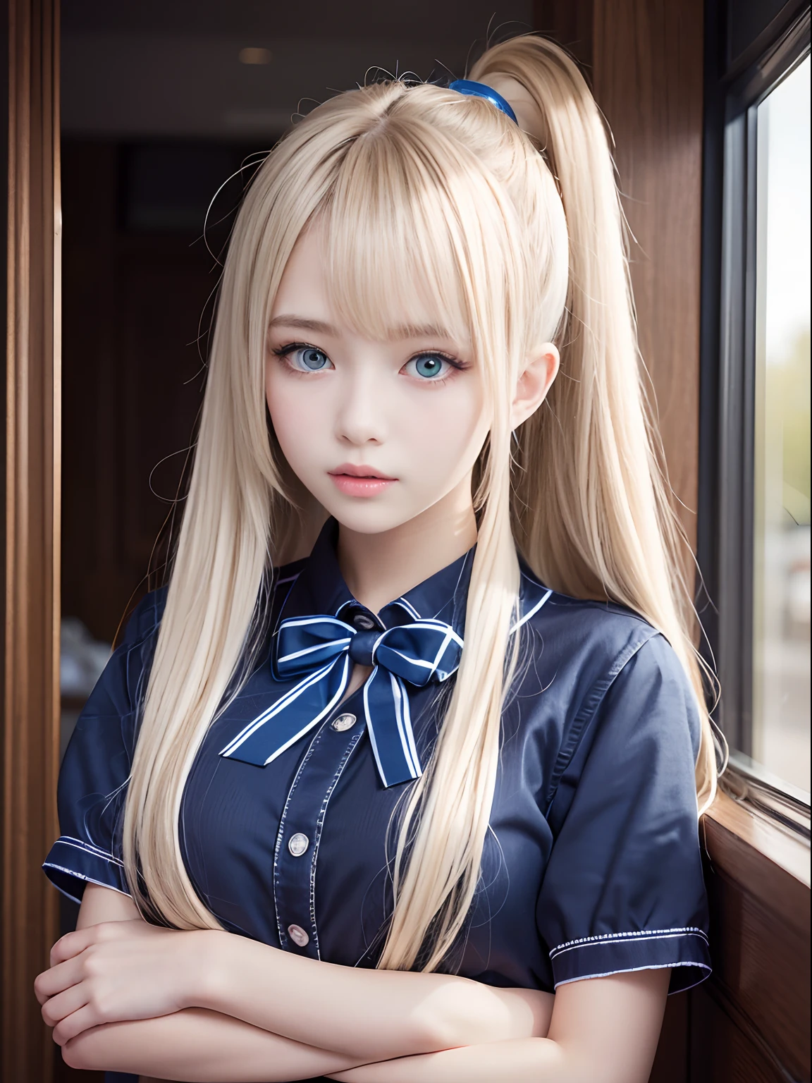 portlate、School Uniforms、bright expression、poneyTail、Young shiny shiny white shiny skin、Best Looks、Blonde reflected light、Platinum blonde hair with dazzling highlights、shiny light hair,、Super long silky straight hair、Beautiful bangs that shine、Glowing crystal clear attractive big blue eyes、Very beautiful nice cute 16 year old girl、Lush bust