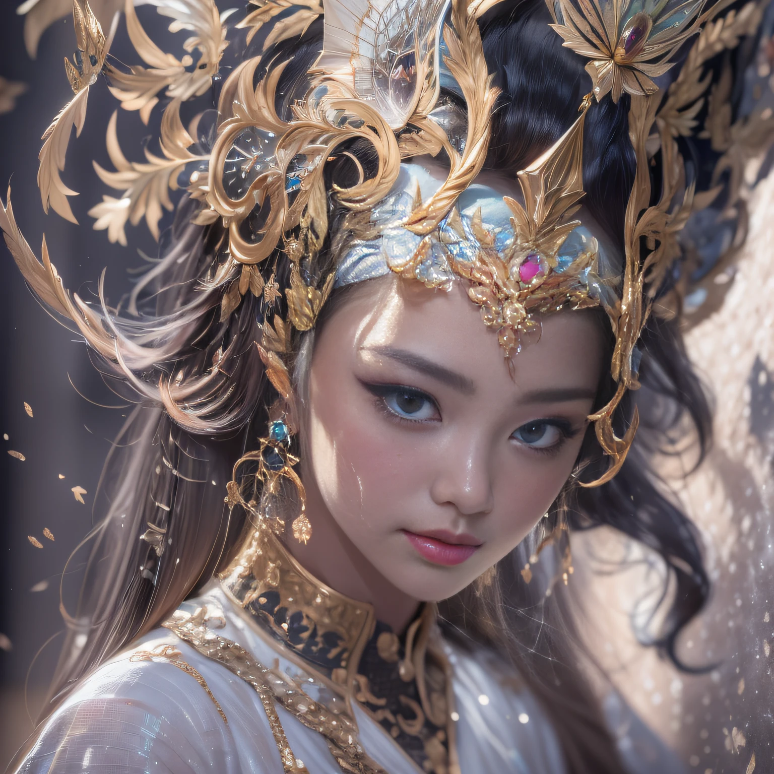 32K(tmasterpiece,k hd,hyper HD,32K)short detailed hair,Gold jewelry area in the back room,Flame Girl ,Yao Lang protector (realisticlying:1.4),Python pattern robe,Purple-pink tiara,Snowflakes fluttering,The background is pure,Hold your head high,Be proud,The nostrils look at people, A high resolution, the detail, RAW photogr, Sharp Re, Nikon D850 Film Stock Photo by Jefferies Lee 4 Kodak Portra 400 Camera F1.6 shots, Rich colors, ultra-realistic vivid textures, Dramatic lighting, Unreal Engine Art Station Trend, cinestir 800,Hold your head high,Be proud,The nostrils look at people