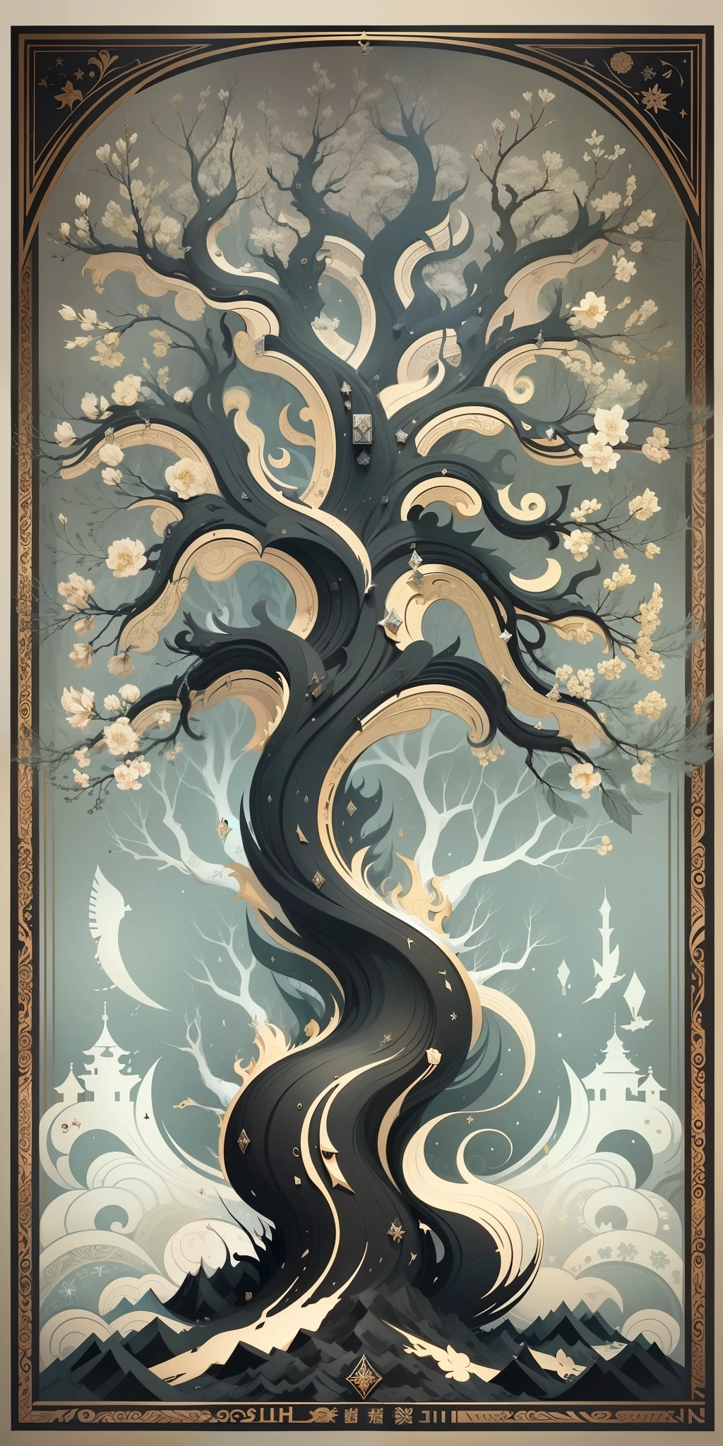 Nordic tree-shaped solitaire,Flat style, abstract artistic,Graphic design,对称, Math, Renaissance, Oil painting, 2D canvas, highly detailed, 复杂, Classic paint, Black monochrome, crystals, opulent, lap, gothic ornament, Graphic design